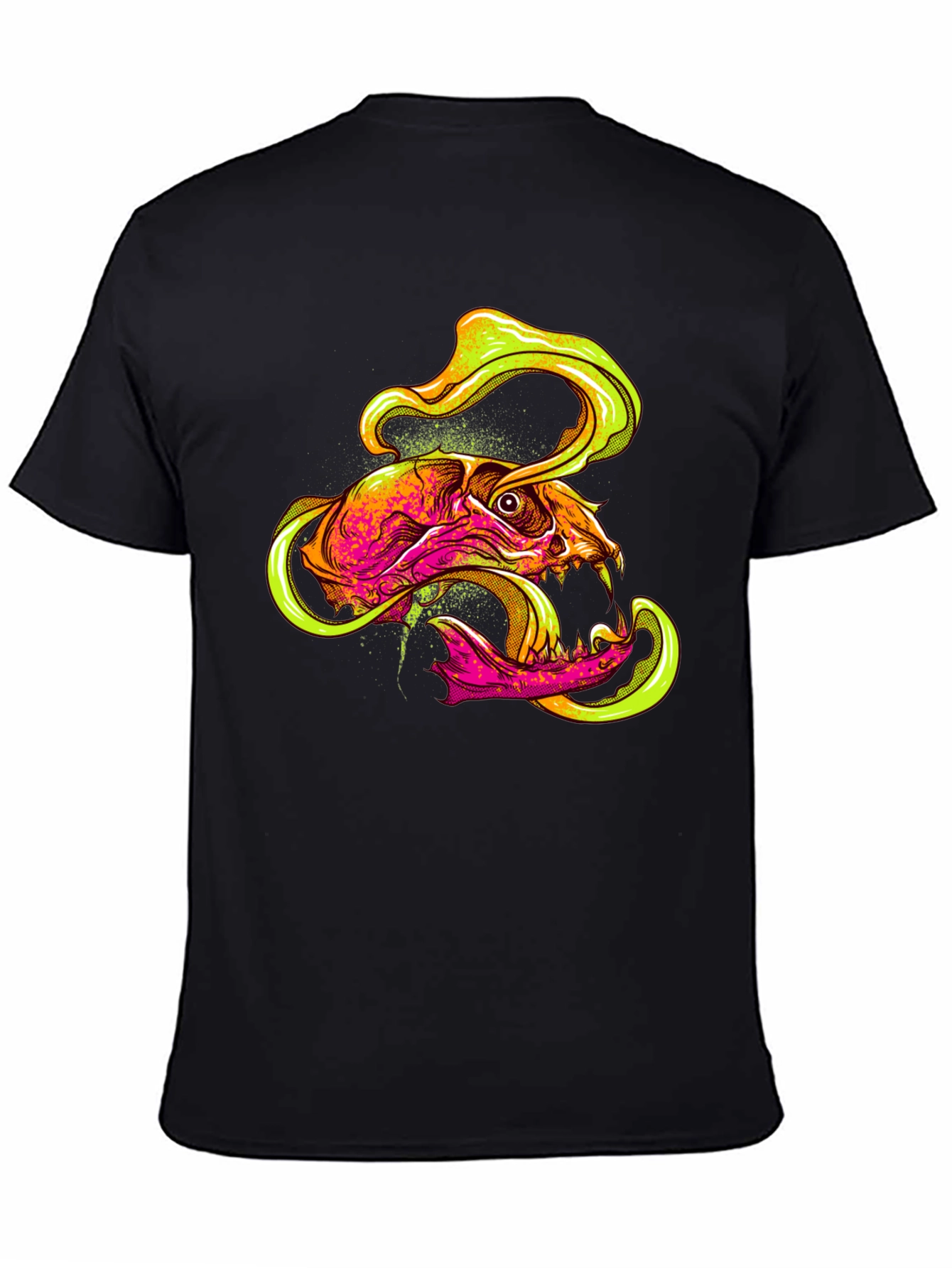 Black Skull Graphic Print T-Shirt - Vivid Neon Design view 4