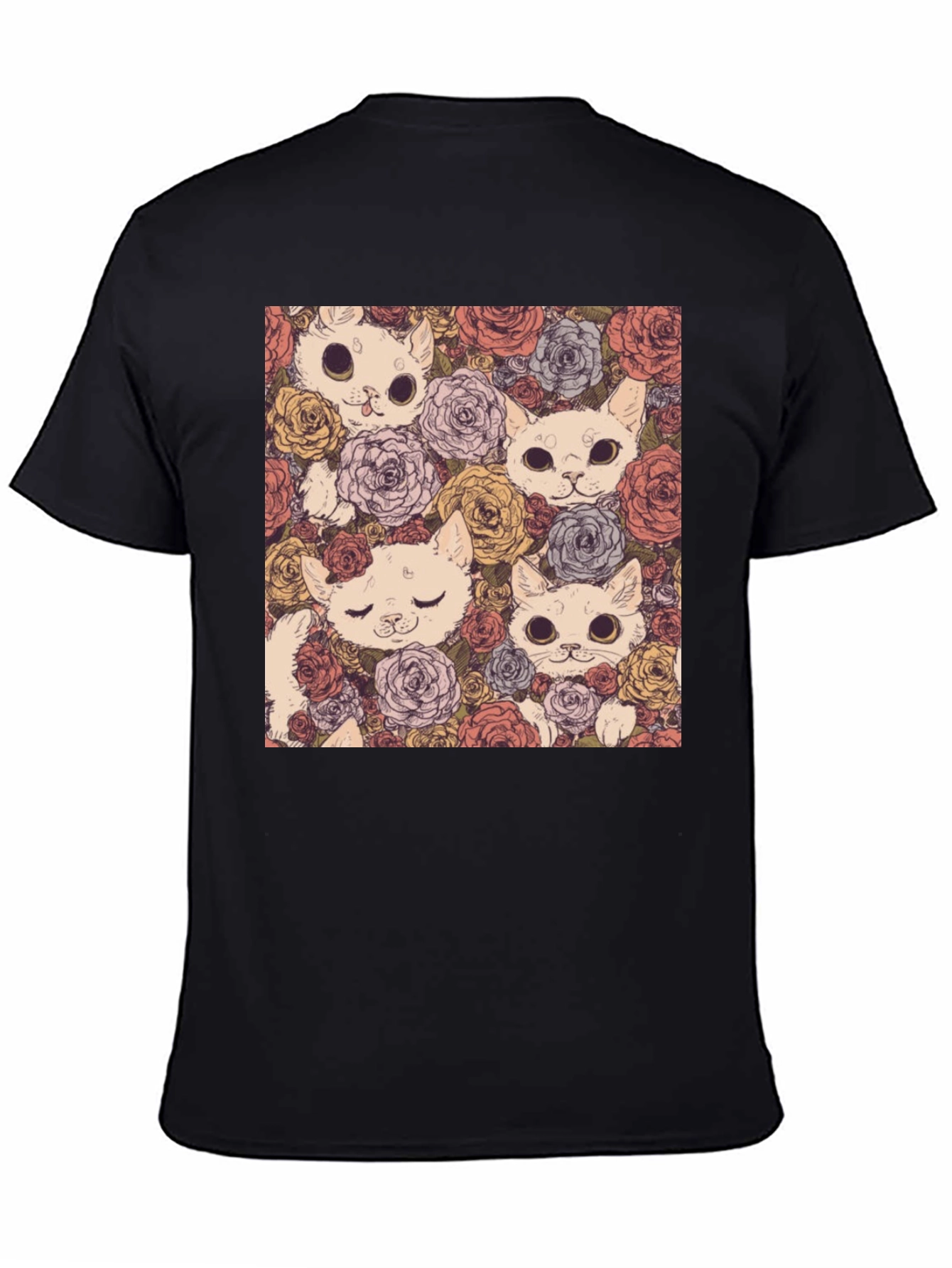 Black Floral Cat Print Black T-Shirt view 4