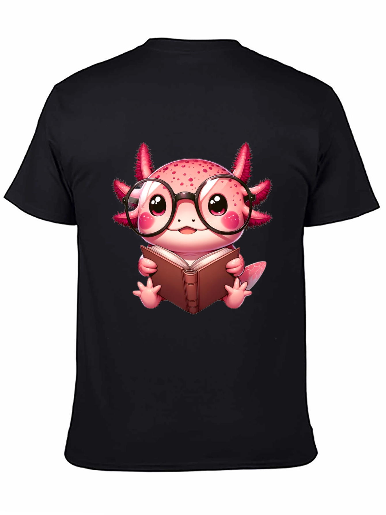 Black Axolotl Reader T-Shirt - Cute Nerdy Axolotl Reading Book Tee view 4