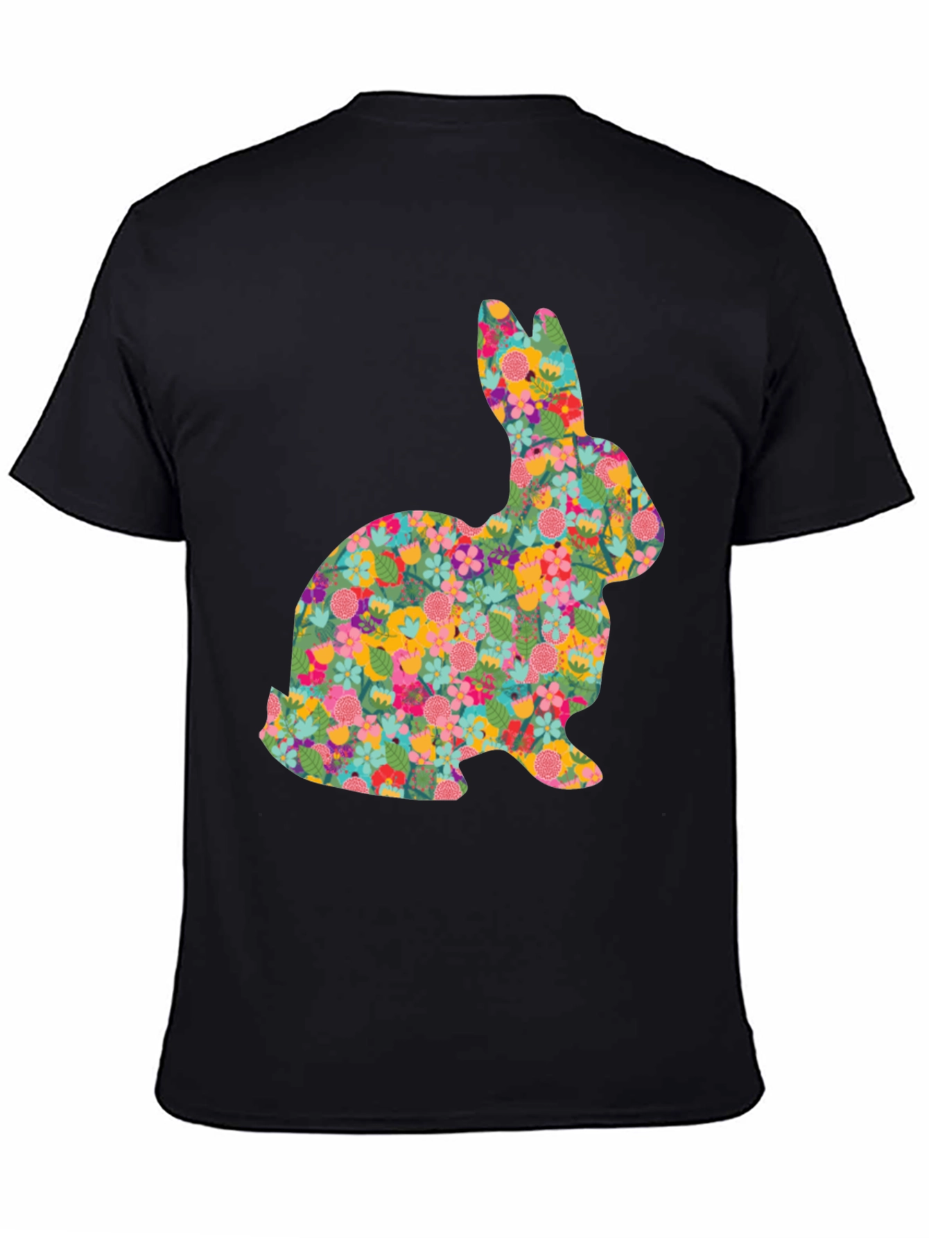 Black Floral Bunny Graphic Tee - Black Cotton Casual Shirt view 4