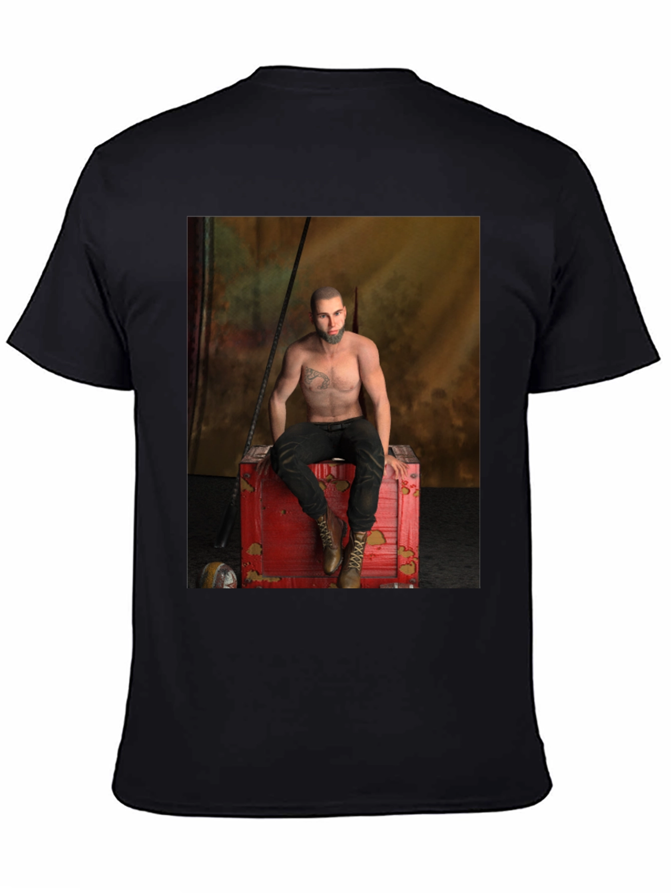 Black Men's Black Graphic T-Shirt - Tattoo Chest Man on Red Box view 4