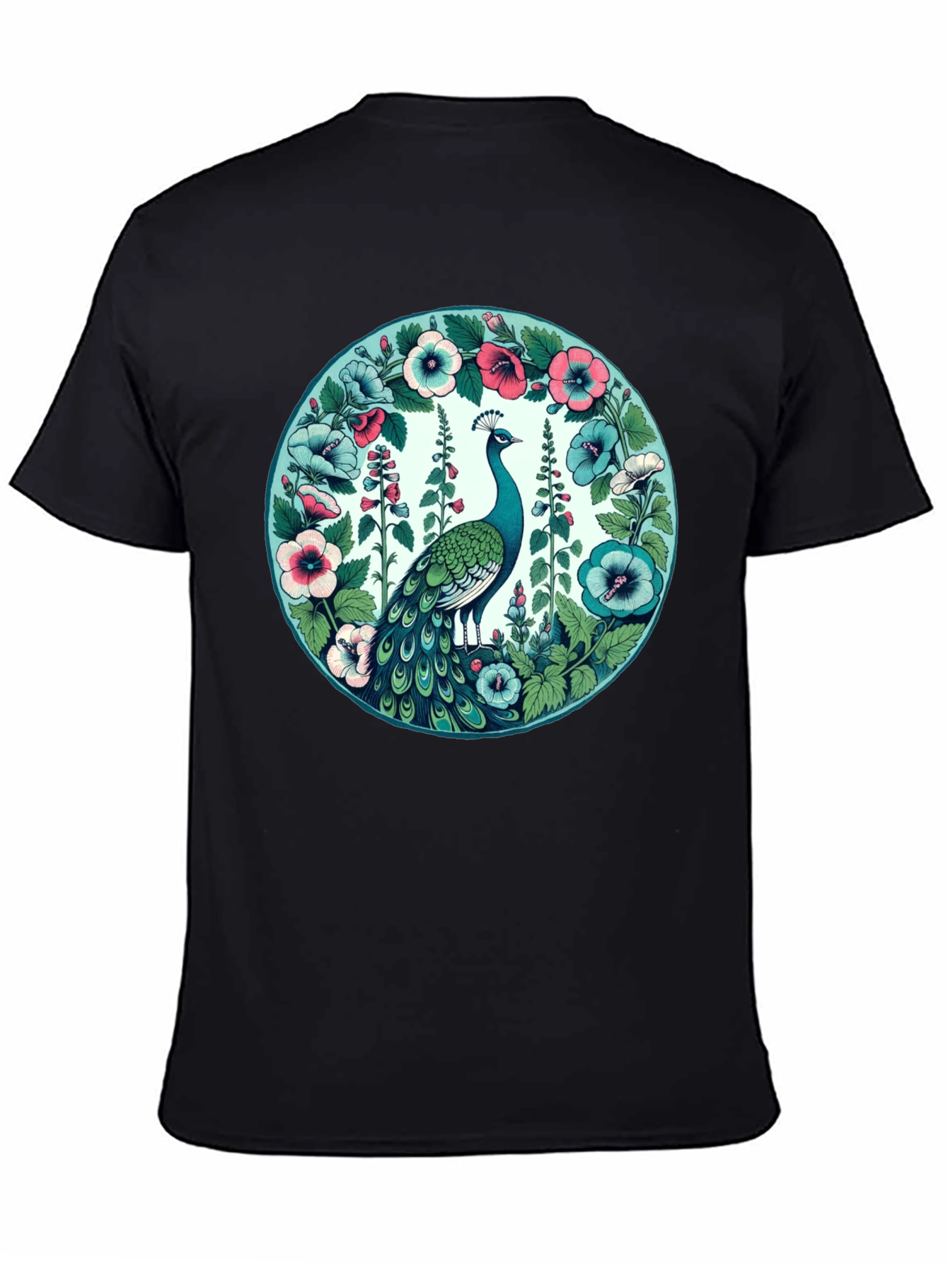 Black Peacock Floral Graphic Tee - Black Cotton T-Shirt view 4