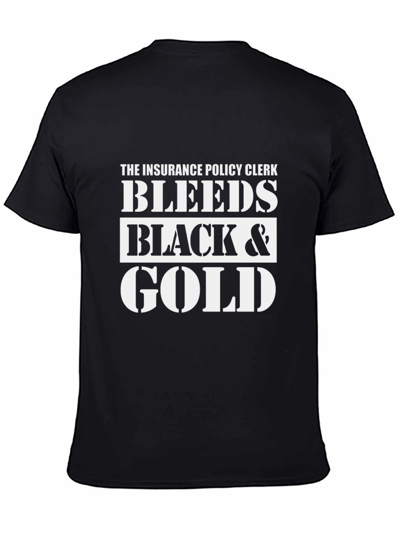 Black Insurance Policy Clerk Bleeds Black & Gold T-Shirt view 4