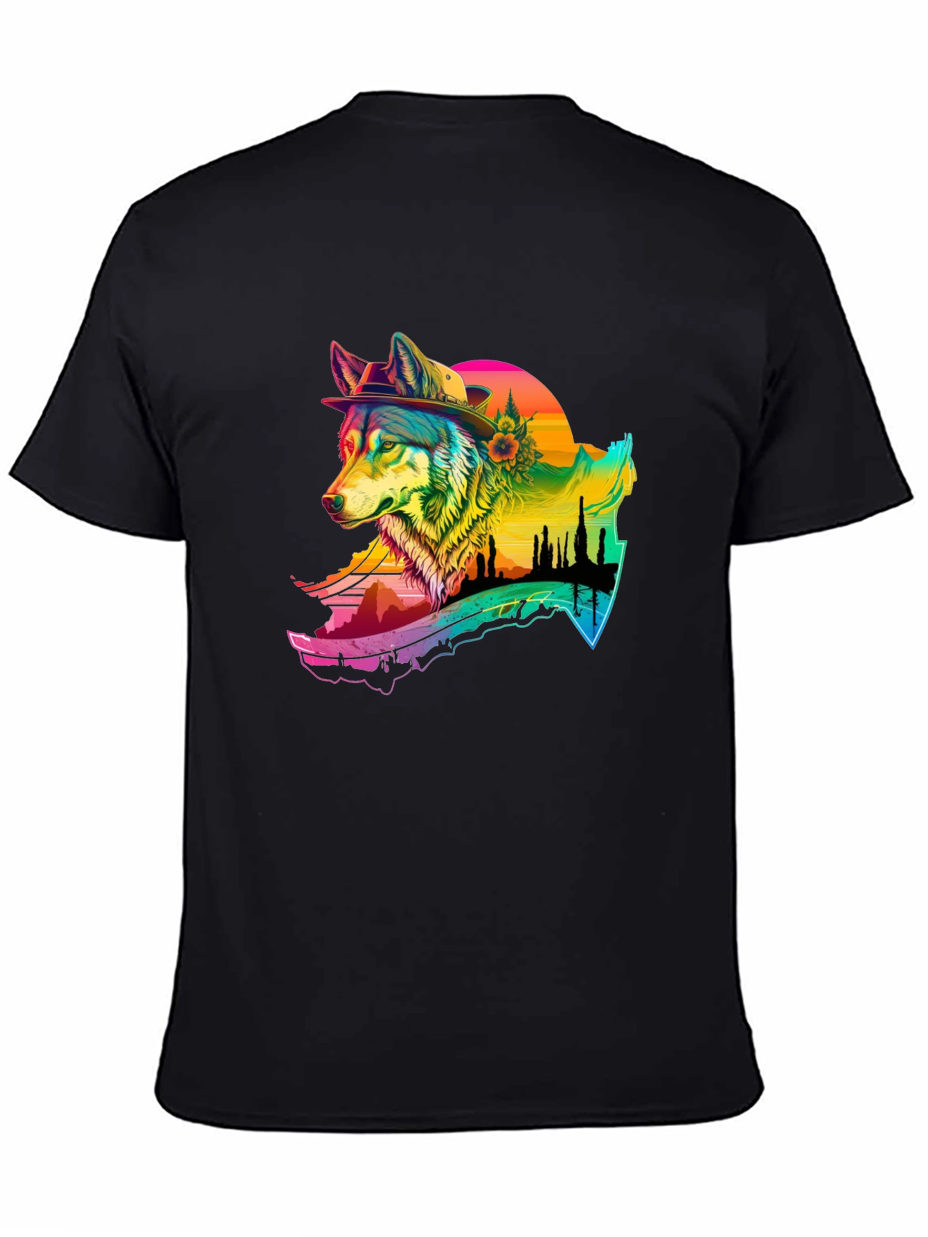 Black Wolf Graphic Black T-Shirt - Colorful Design view 4