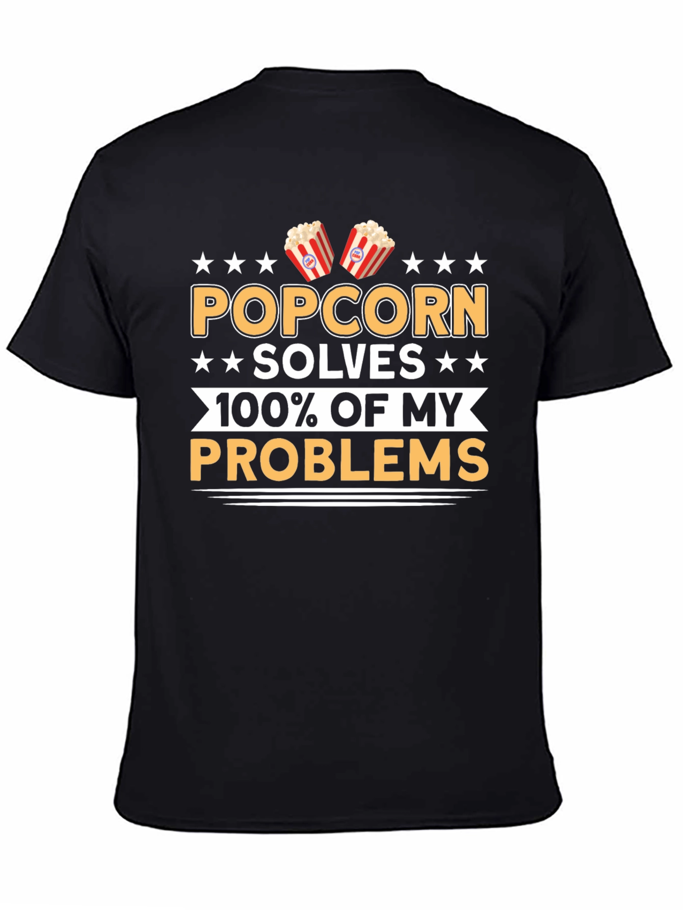Black Popcorn Solves My Problems Funny T-Shirt view 4