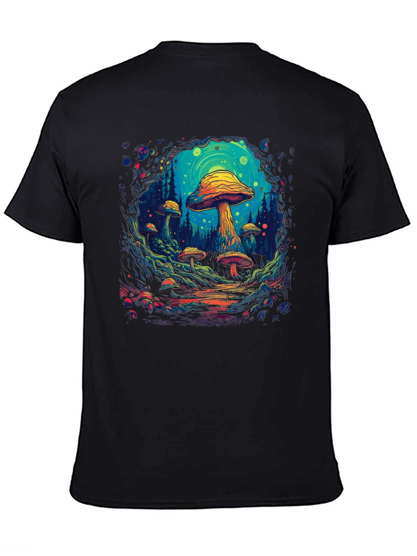 Black Psychedelic Mushroom Forest Graphic T-Shirt view 4