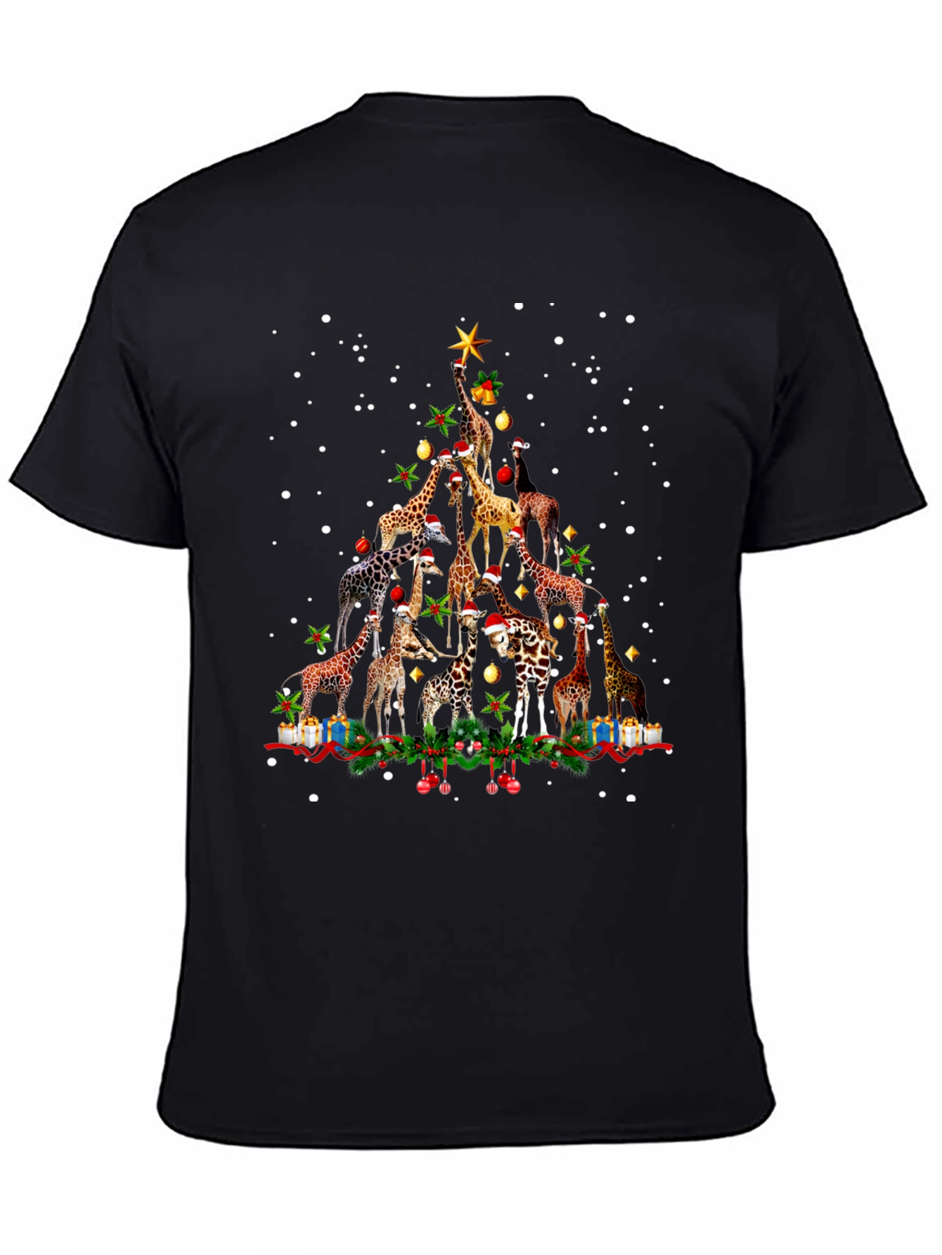Black Giraffe Christmas Tree Crew Neck T-Shirt view 4