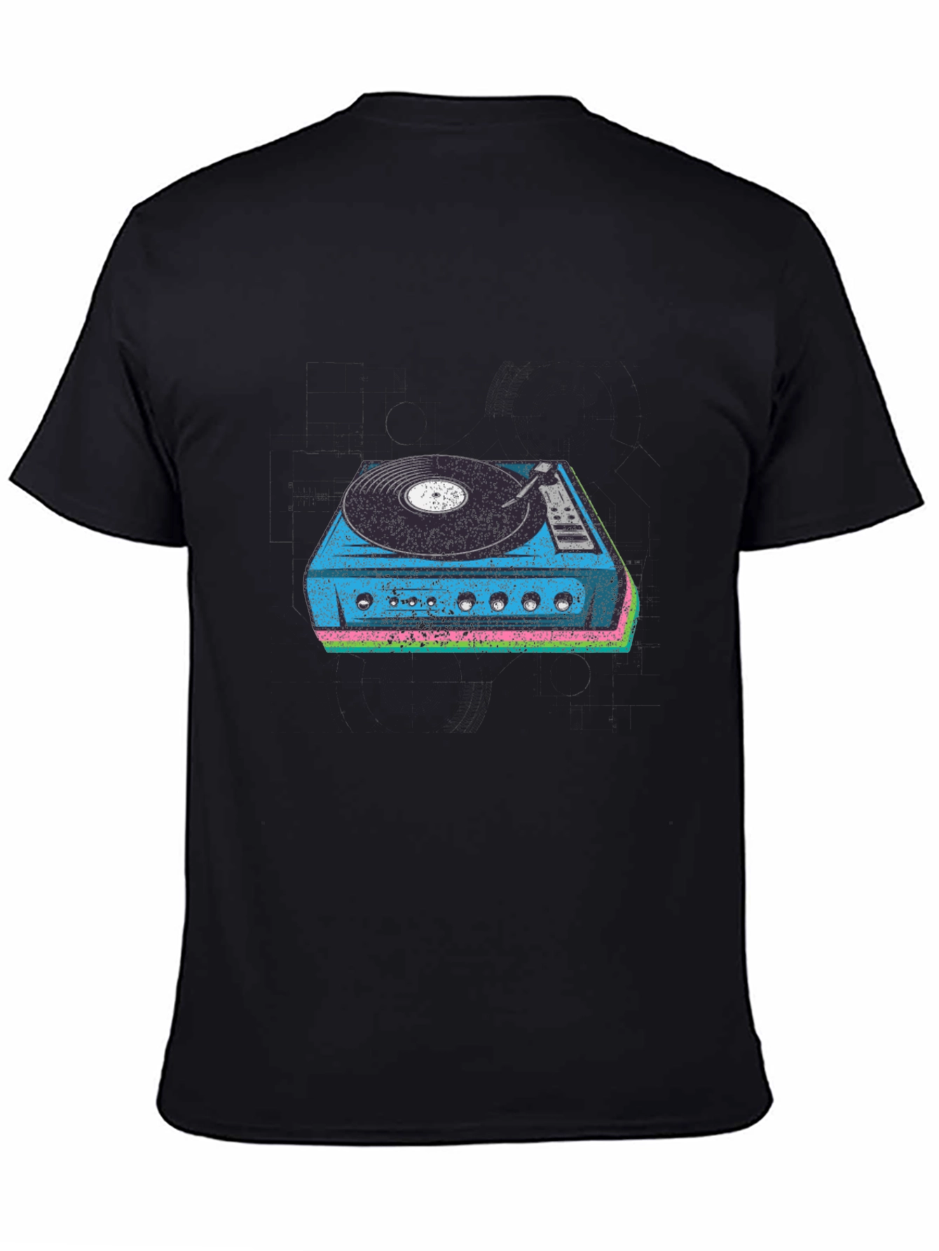 Black Retro Turntable Graphic Tee - Black Cotton Blend view 4