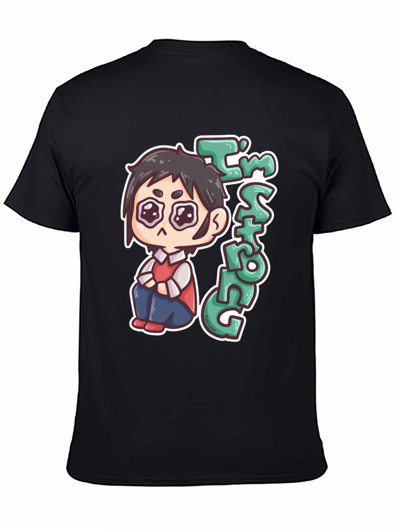 Black Chibi Anime "I'm Strong" Graphic Black T-Shirt view 4