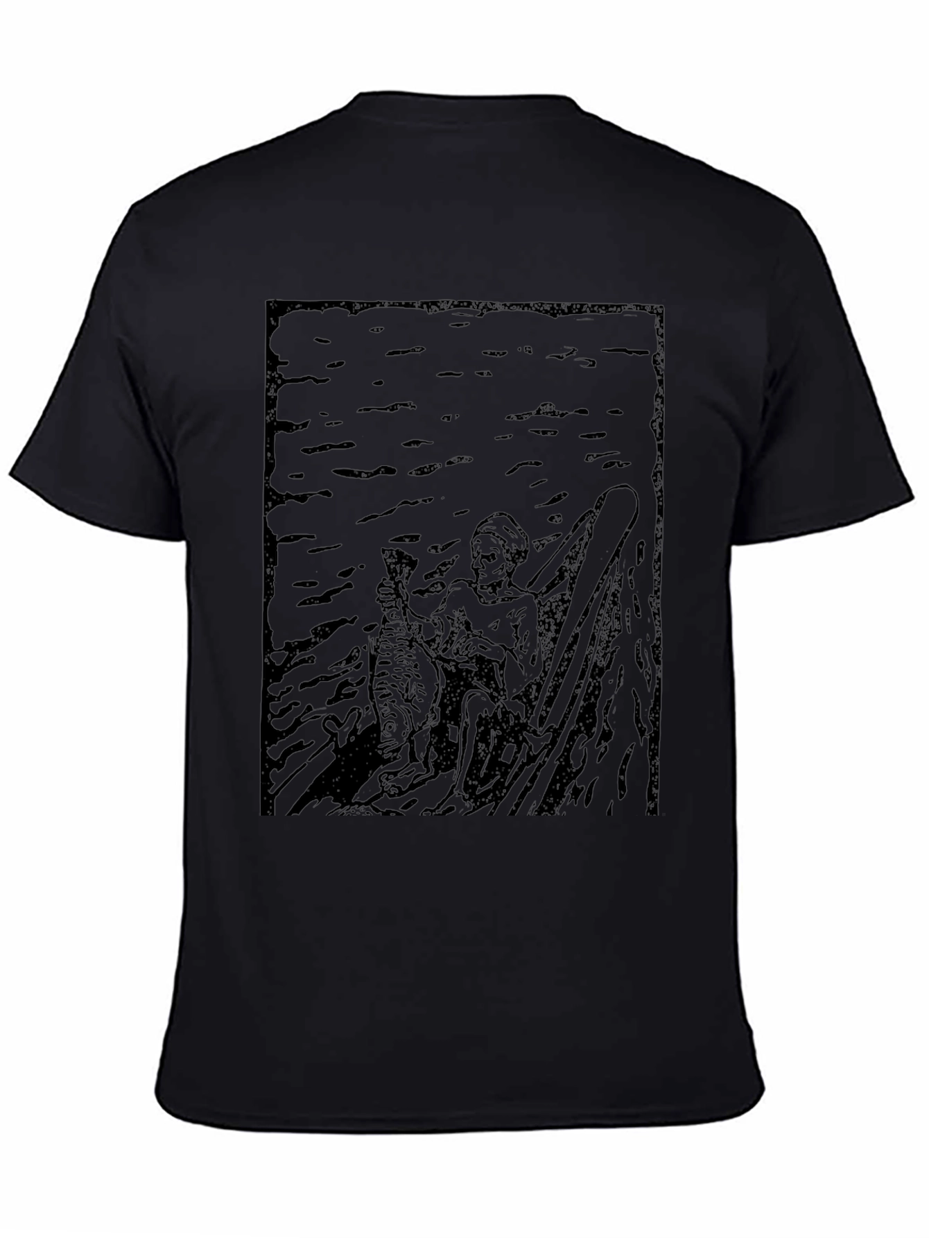 Black Dark Graphic Print Tee - Fisherman Design view 4
