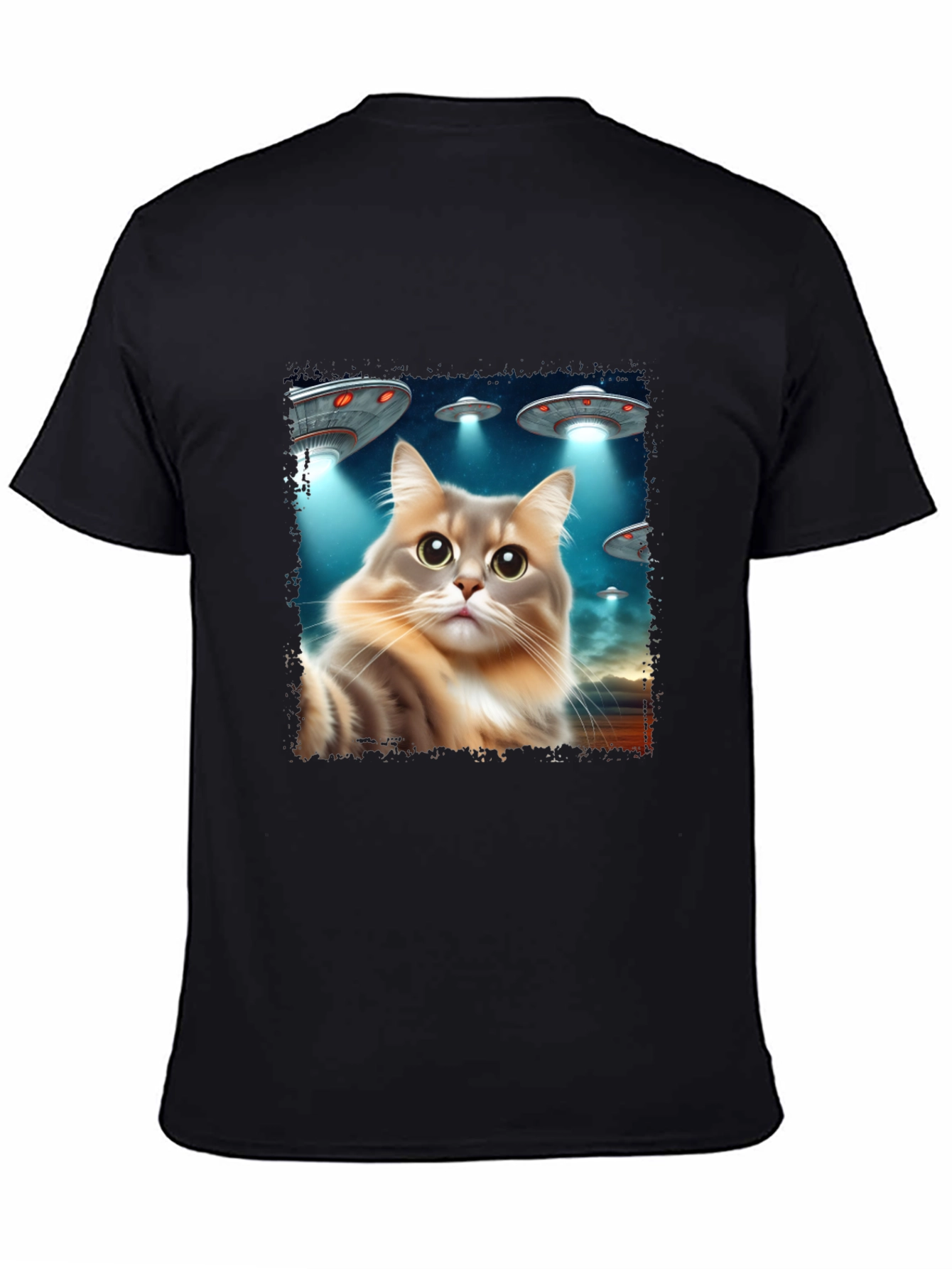 Black Alien Cat Abduction Black T-Shirt view 4