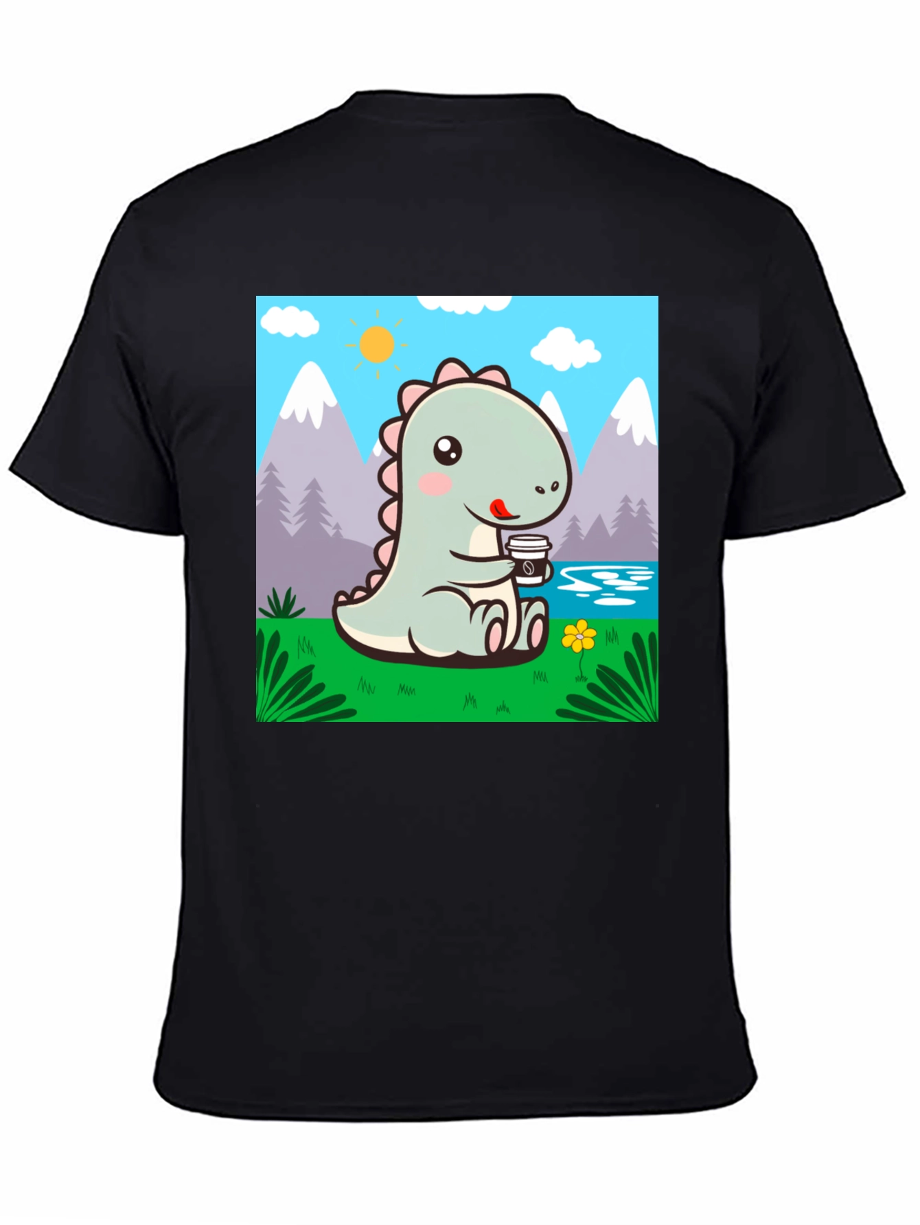 Black Cute Dinosaur Coffee T-Shirt view 4