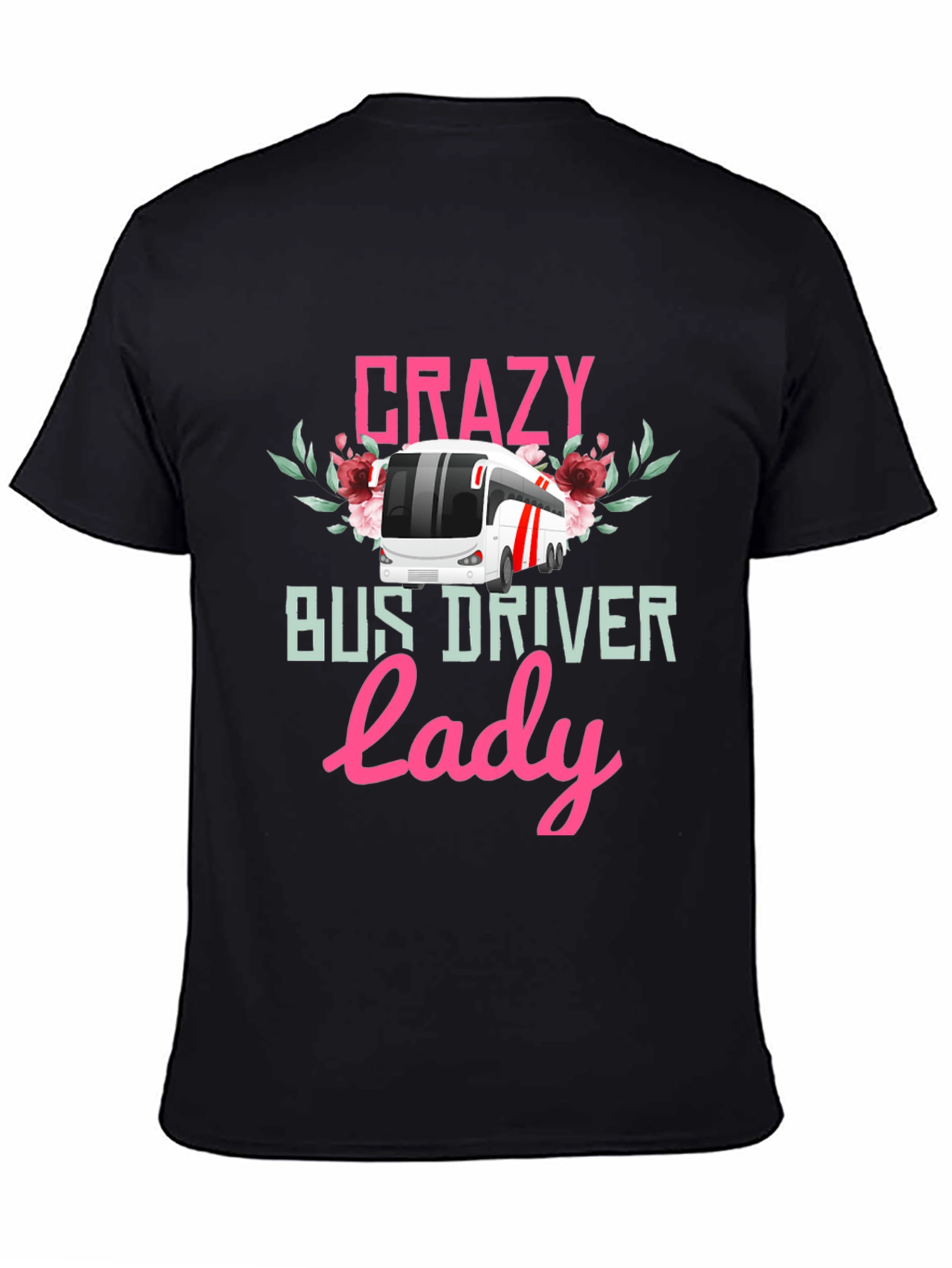 Black Crazy Bus Driver Lady T-Shirt - Floral Design view 4