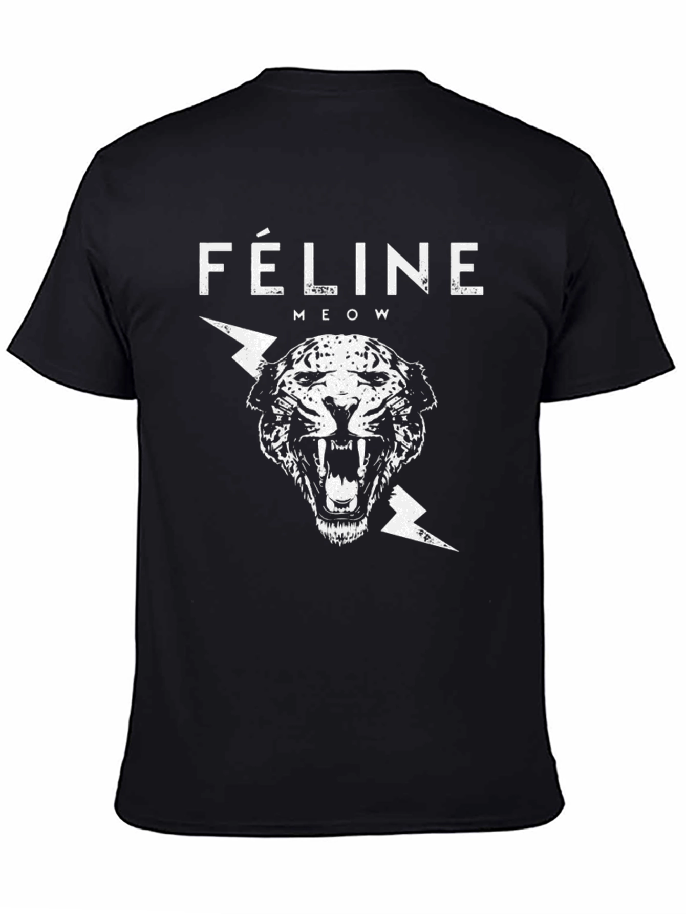Black Feline Meow Graphic Print Black T-Shirt view 4