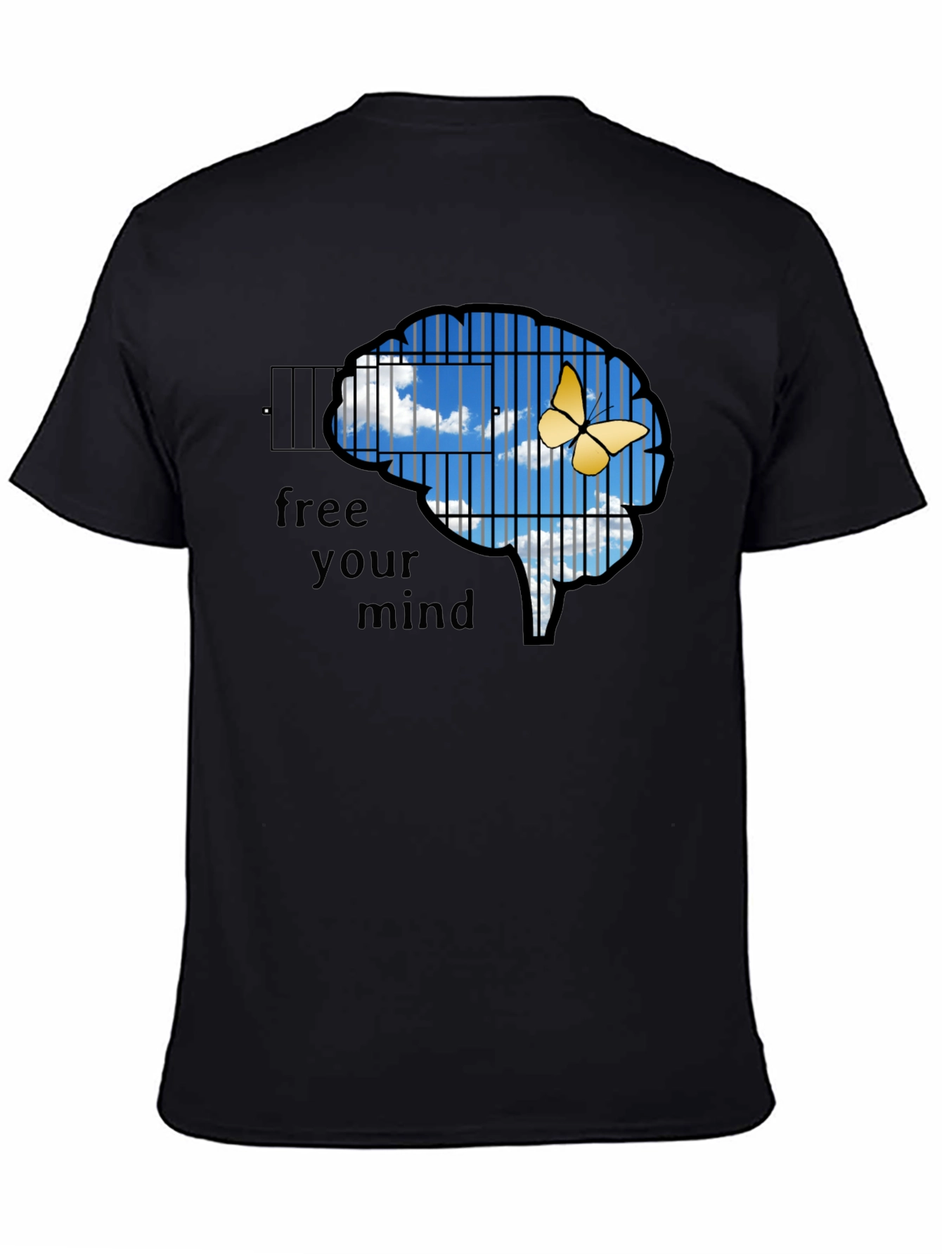 Black Free Your Mind T-Shirt: Brain Cage & Butterfly Graphic Tee view 4