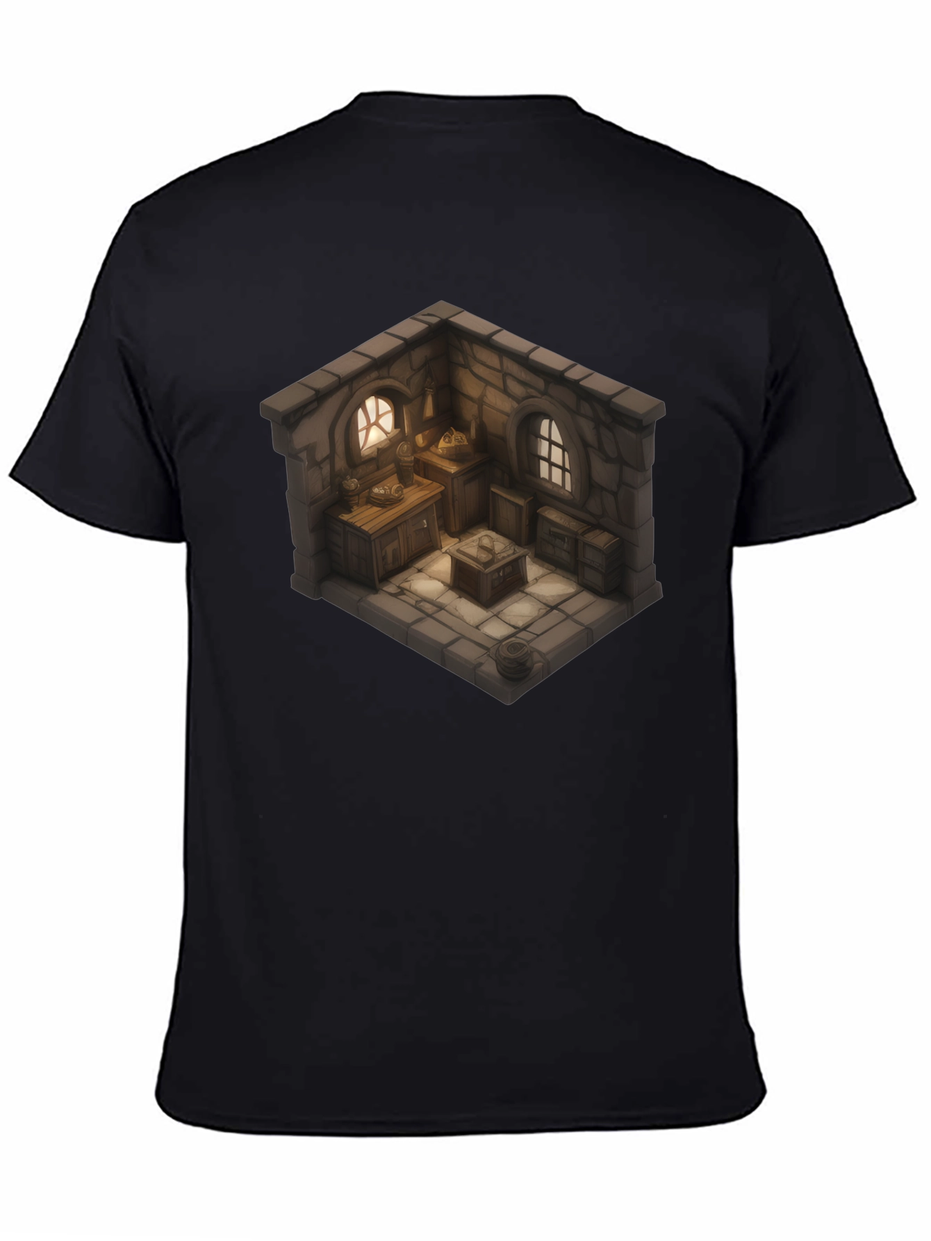 Black Isometric Medieval Room T-Shirt - Fantasy Decor Tee view 4