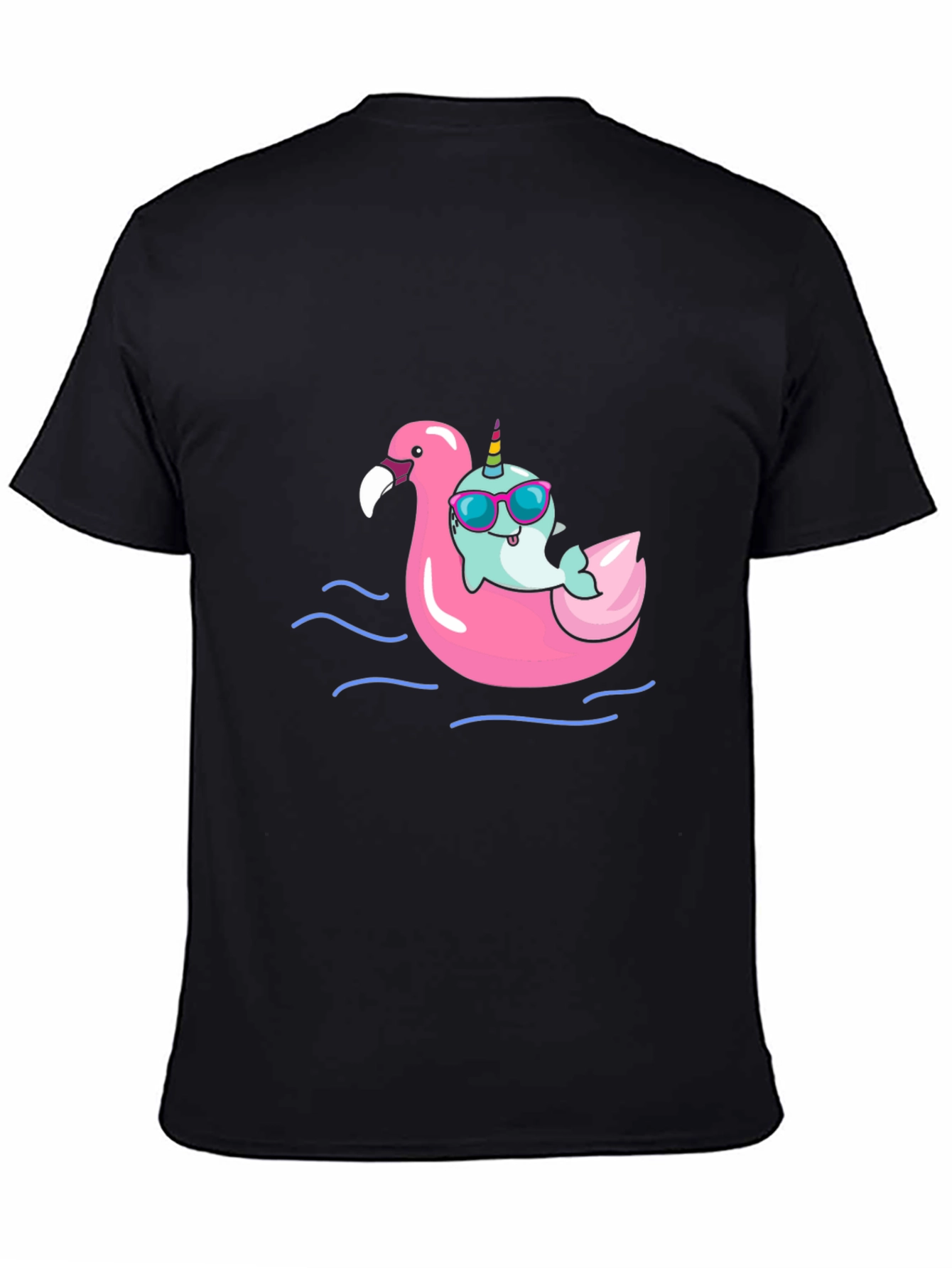 Black Narwhal on Flamingo Float Black T-Shirt view 4