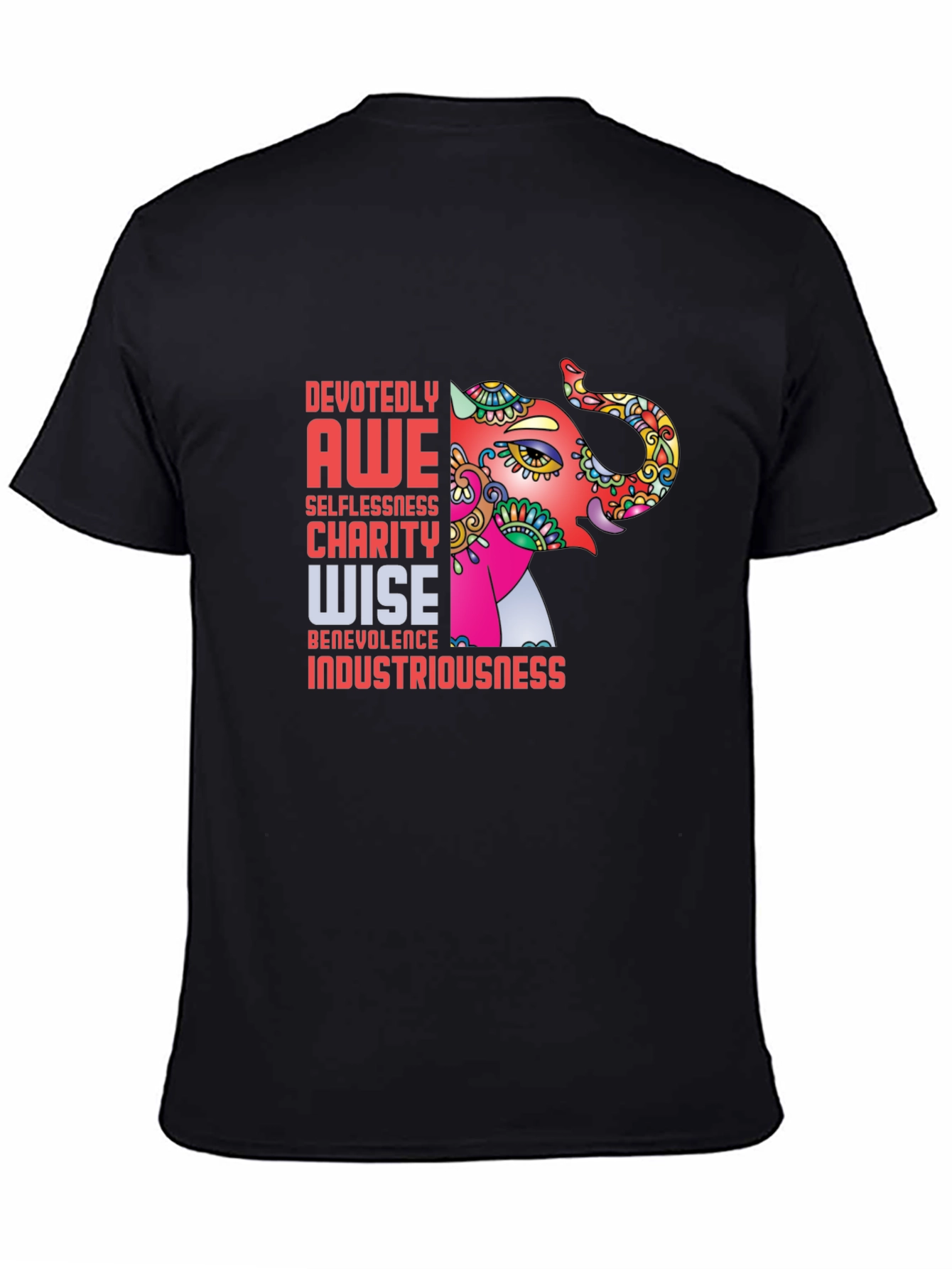 Black Elephant Graphic T-Shirt - Devoted, Awe, Charity, Wise view 4