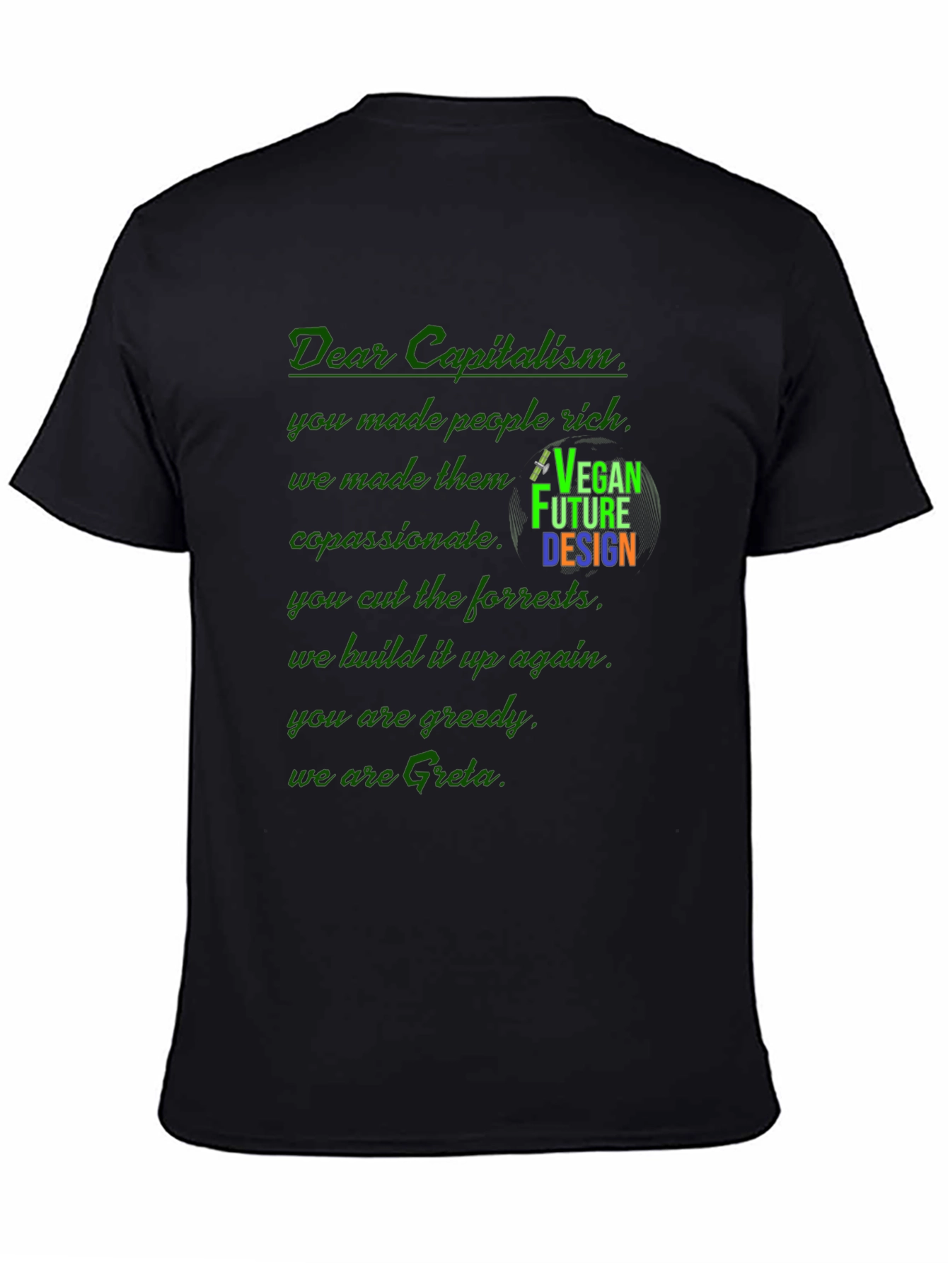 Black Vegan Future Design T-Shirt: Dear Capitalism Slogan Tee view 4
