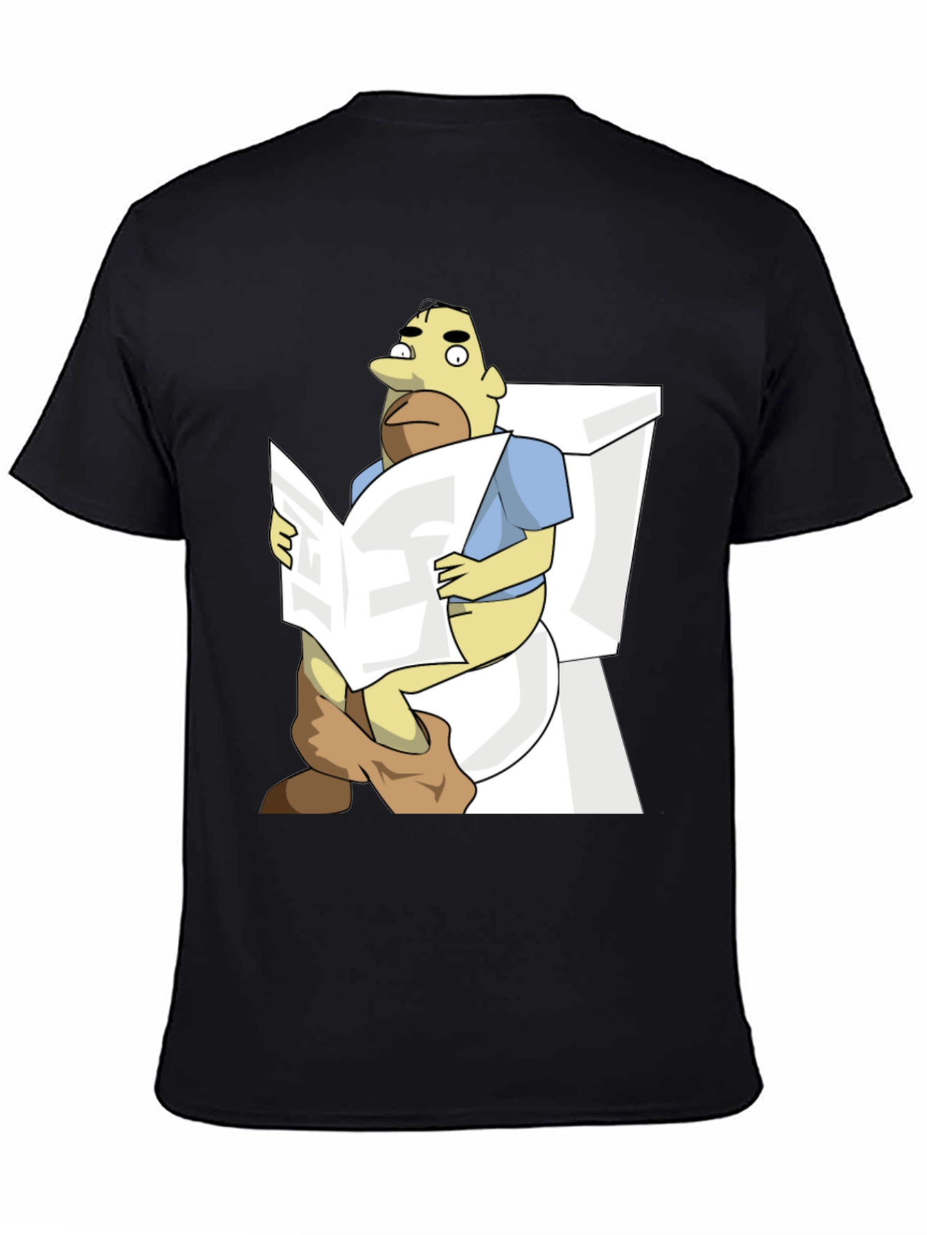 Black Humorous Cartoon Man on Toilet T-Shirt view 4