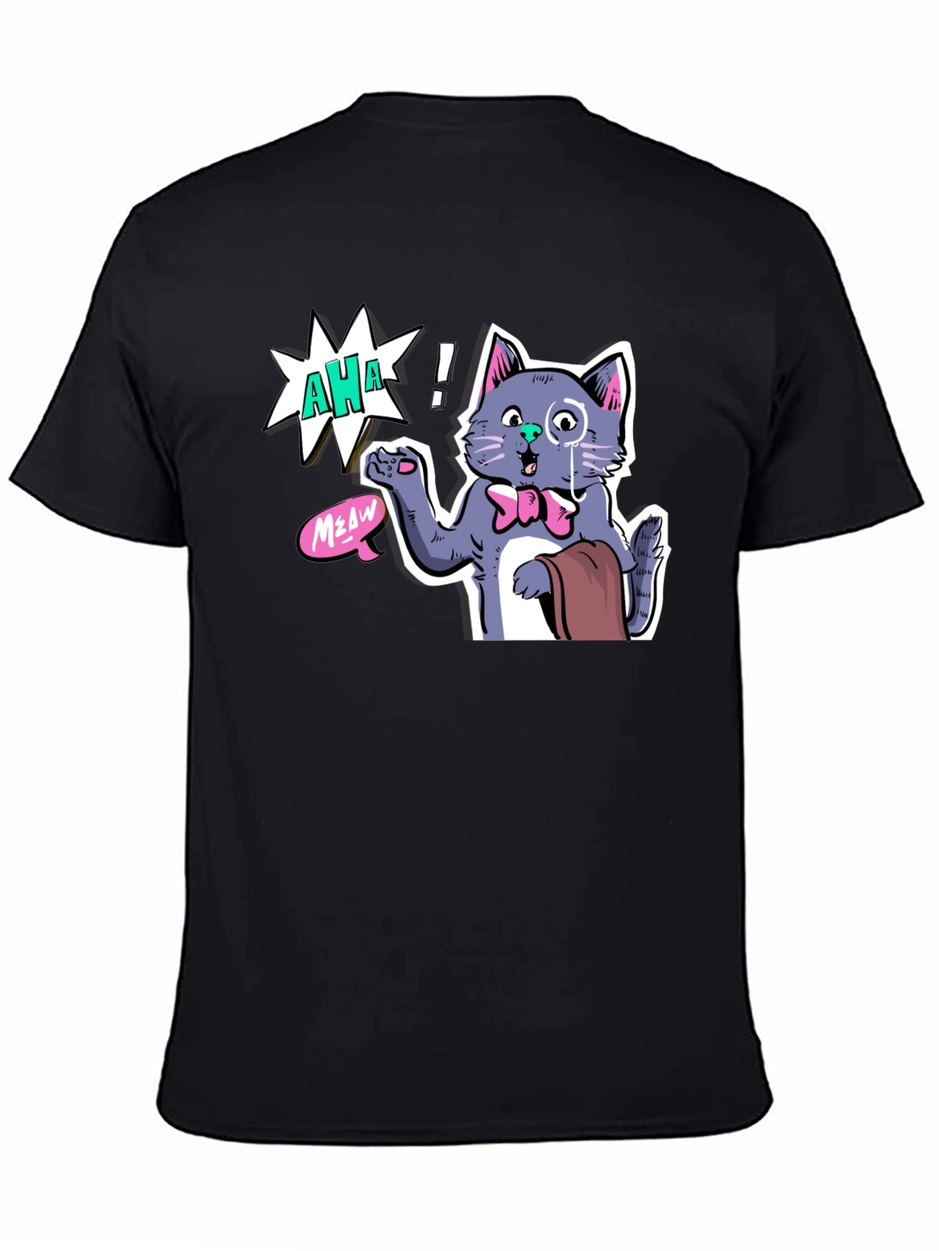 Black AHA! Monocled Cat Tee - Quirky Cartoon Style view 4