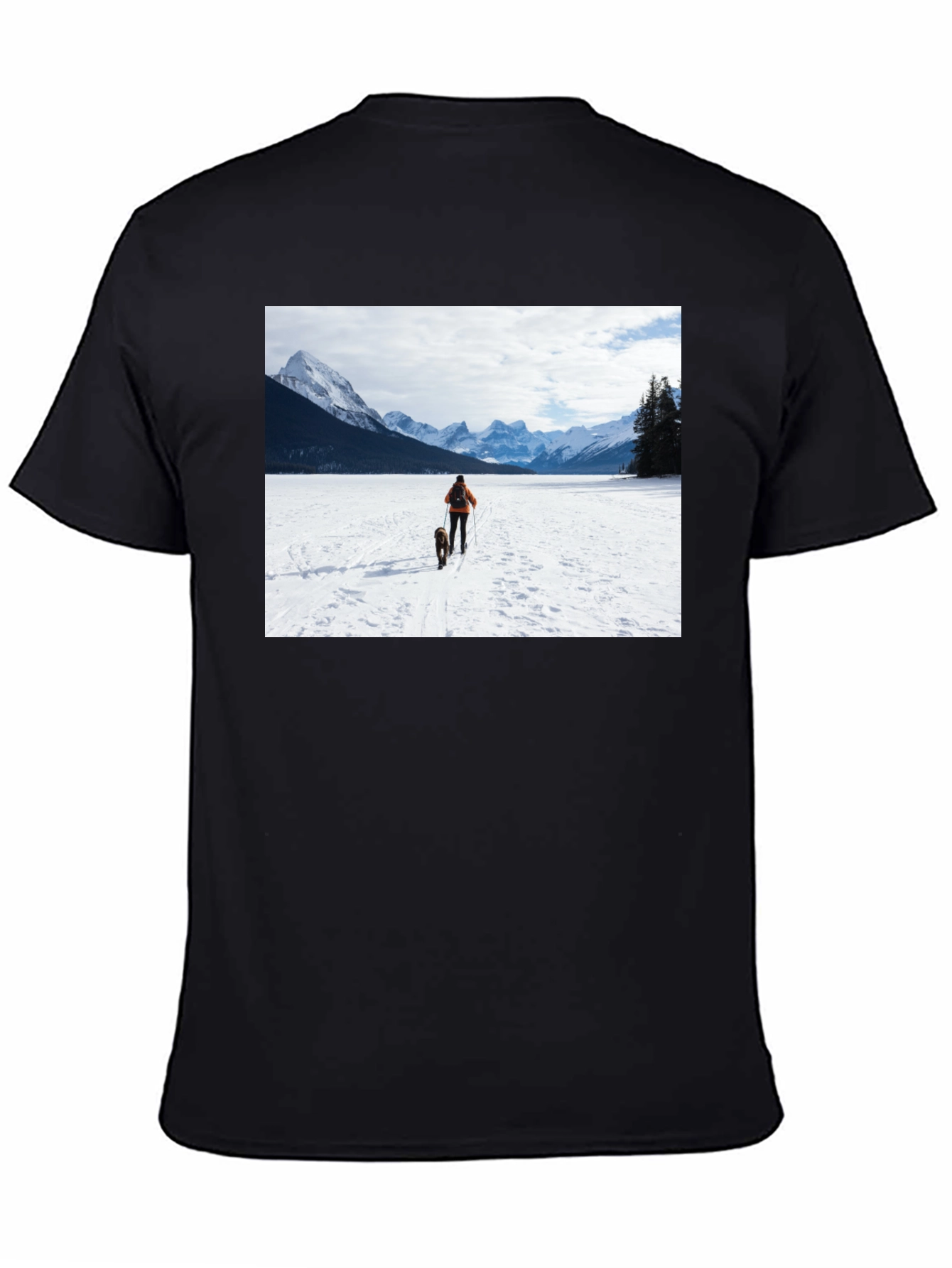 Black Winter Adventure T-Shirt: Skier & Dog Graphic Tee view 4