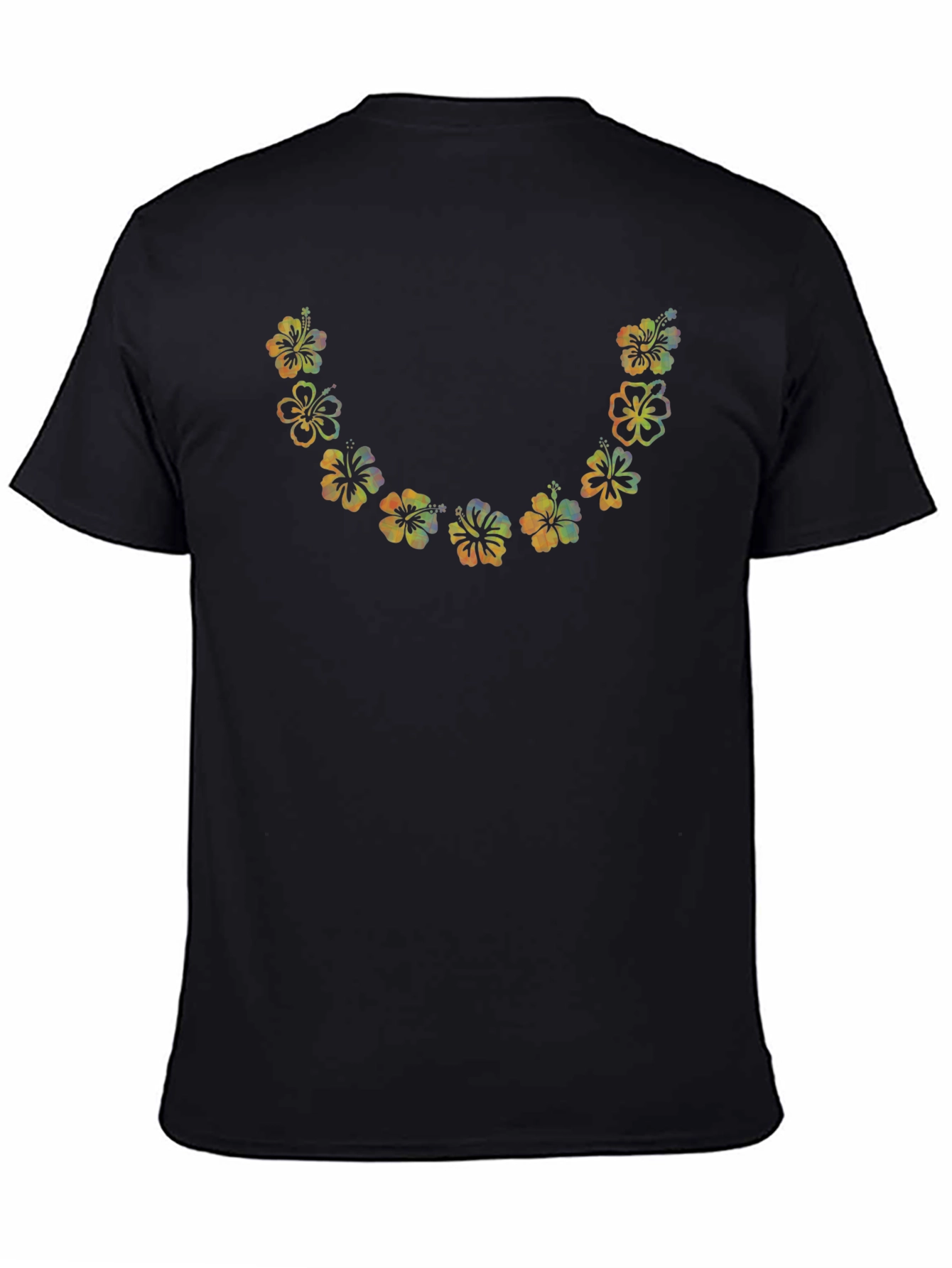Black Floral U-Neck Tee - Vibrant Hawaiian Flower Design view 4