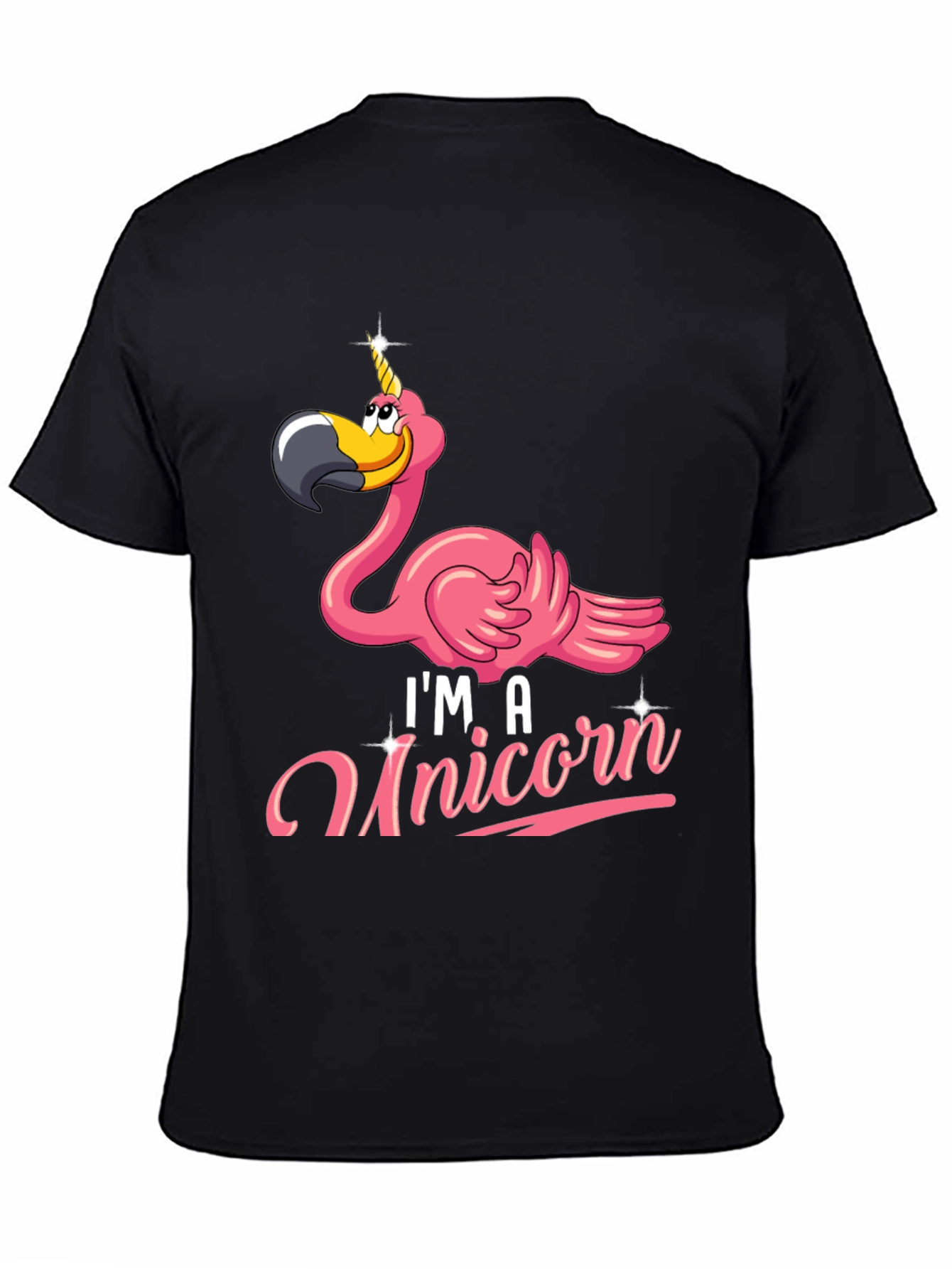 Black Funny Flamingo Unicorn Men's Black T-Shirt view 4