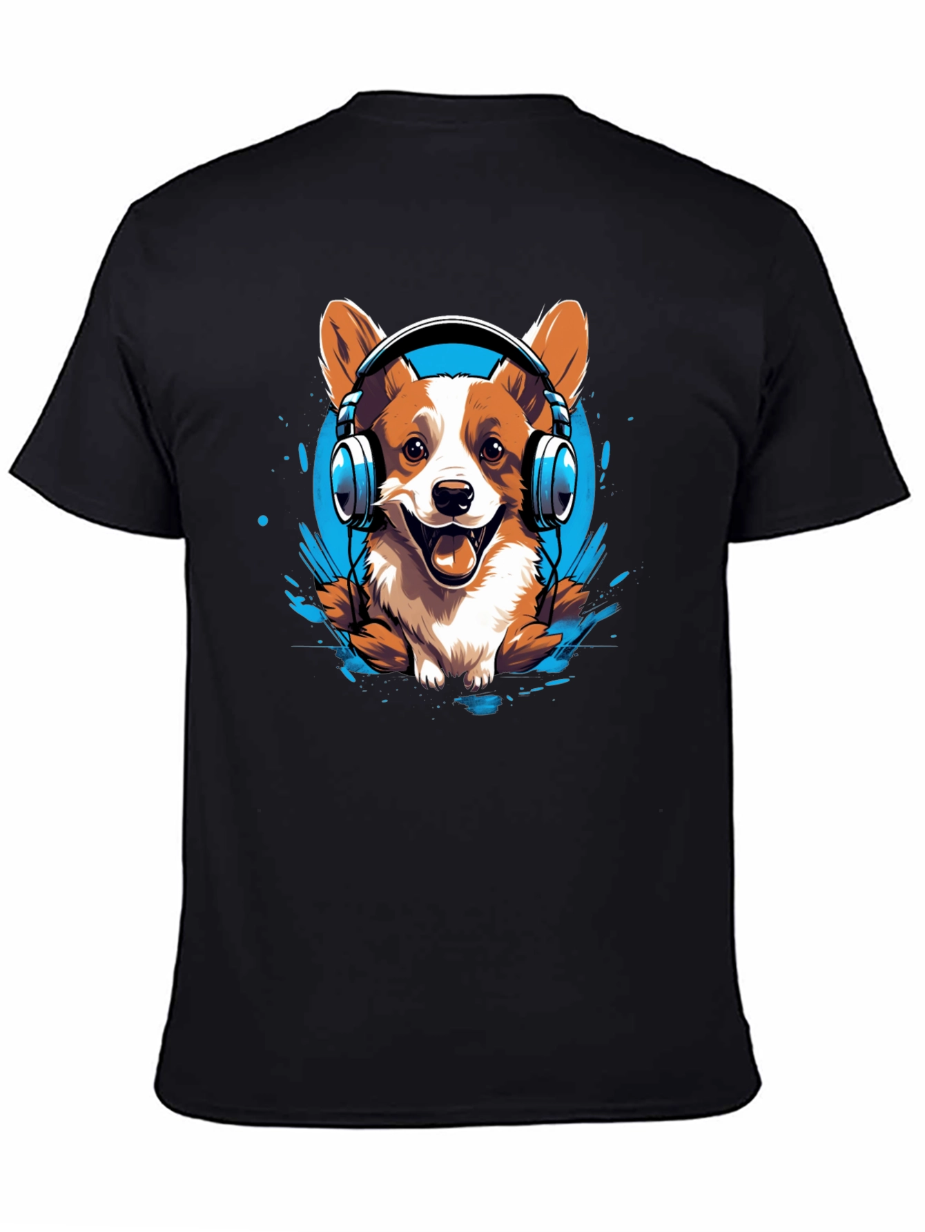Black Corgi Headphones Graphic Tee view 4