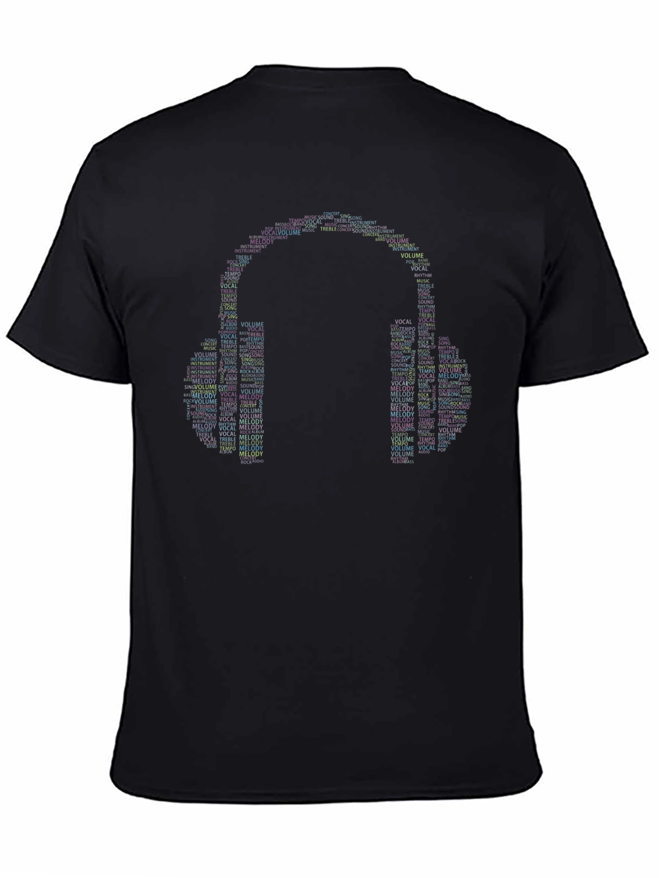Black Musical Headphones Word Art Graphic T-Shirt view 4