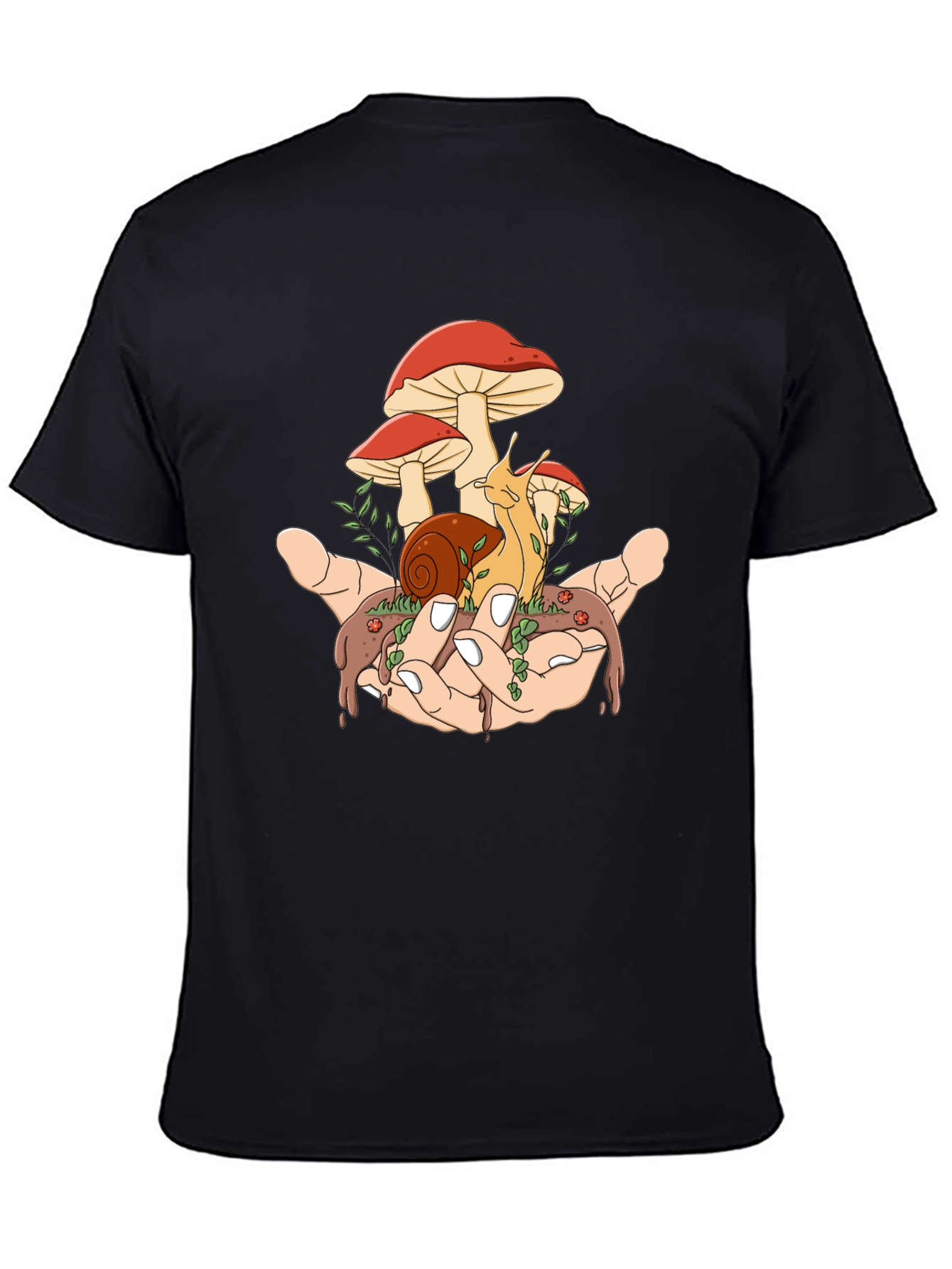 Black Mushroom Snail Hand Graphic T-Shirt view 4