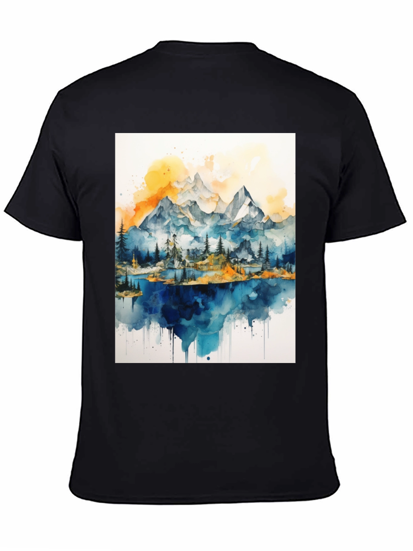 Black Watercolor Mountain Lake Graphic Tee view 4