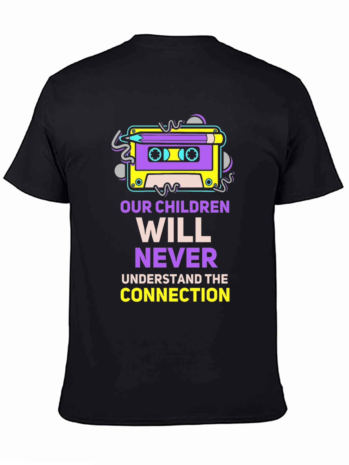 Black Retro Cassette Tape & Pencil Graphic T-Shirt view 4