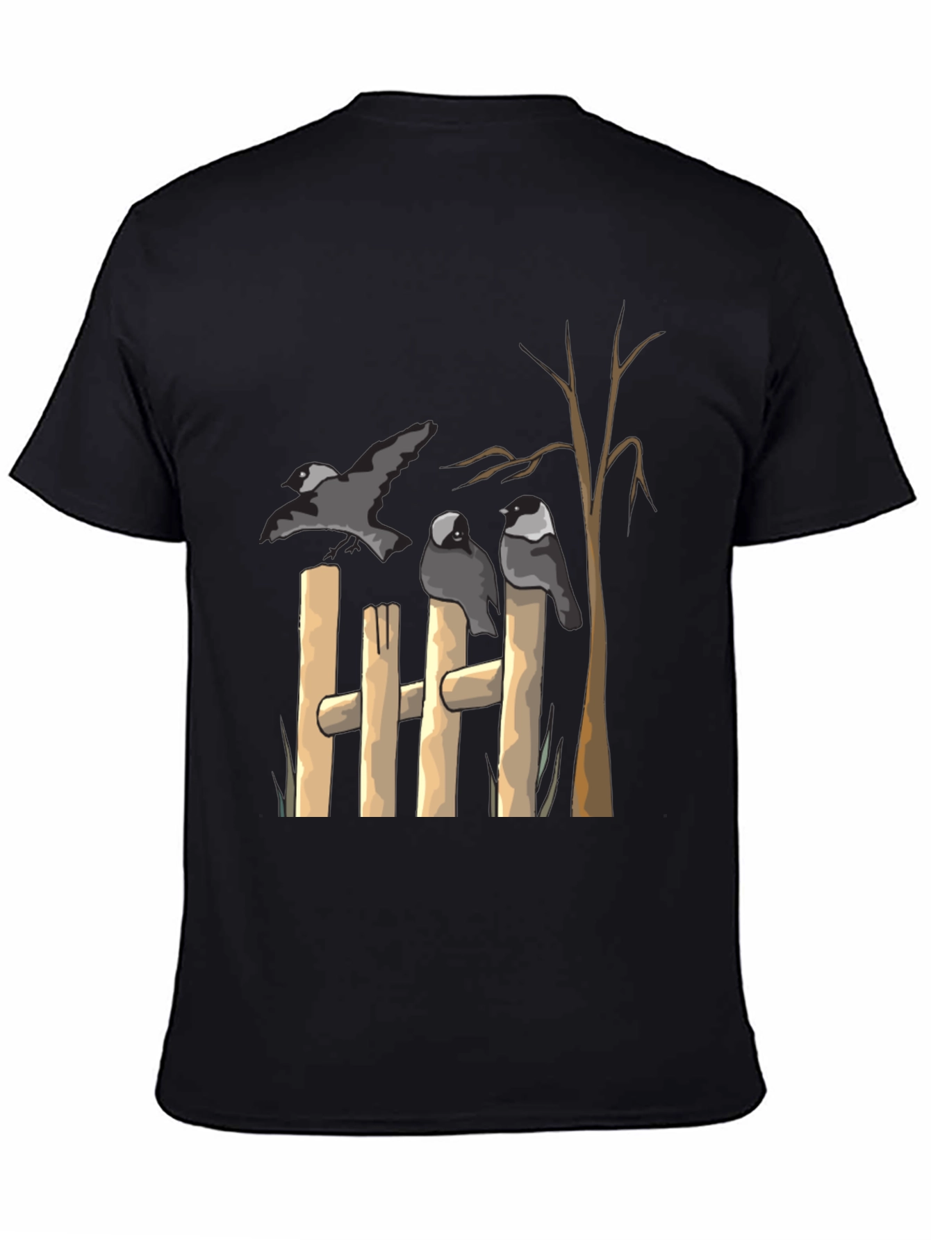 Black Birds on Fence Graphic Black T-Shirt view 4