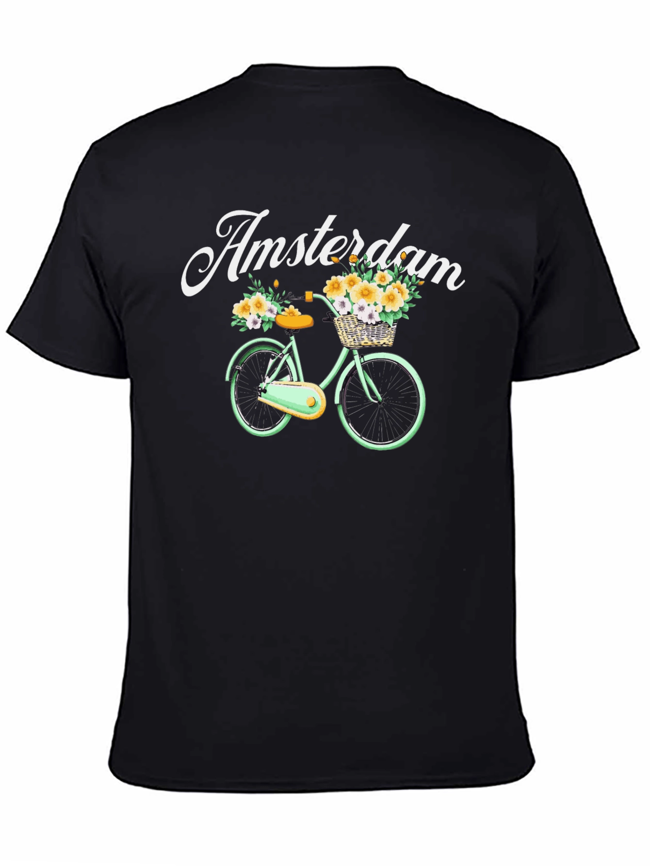 Black Amsterdam Bicycle Graphic Tee - Floral Basket Design view 4