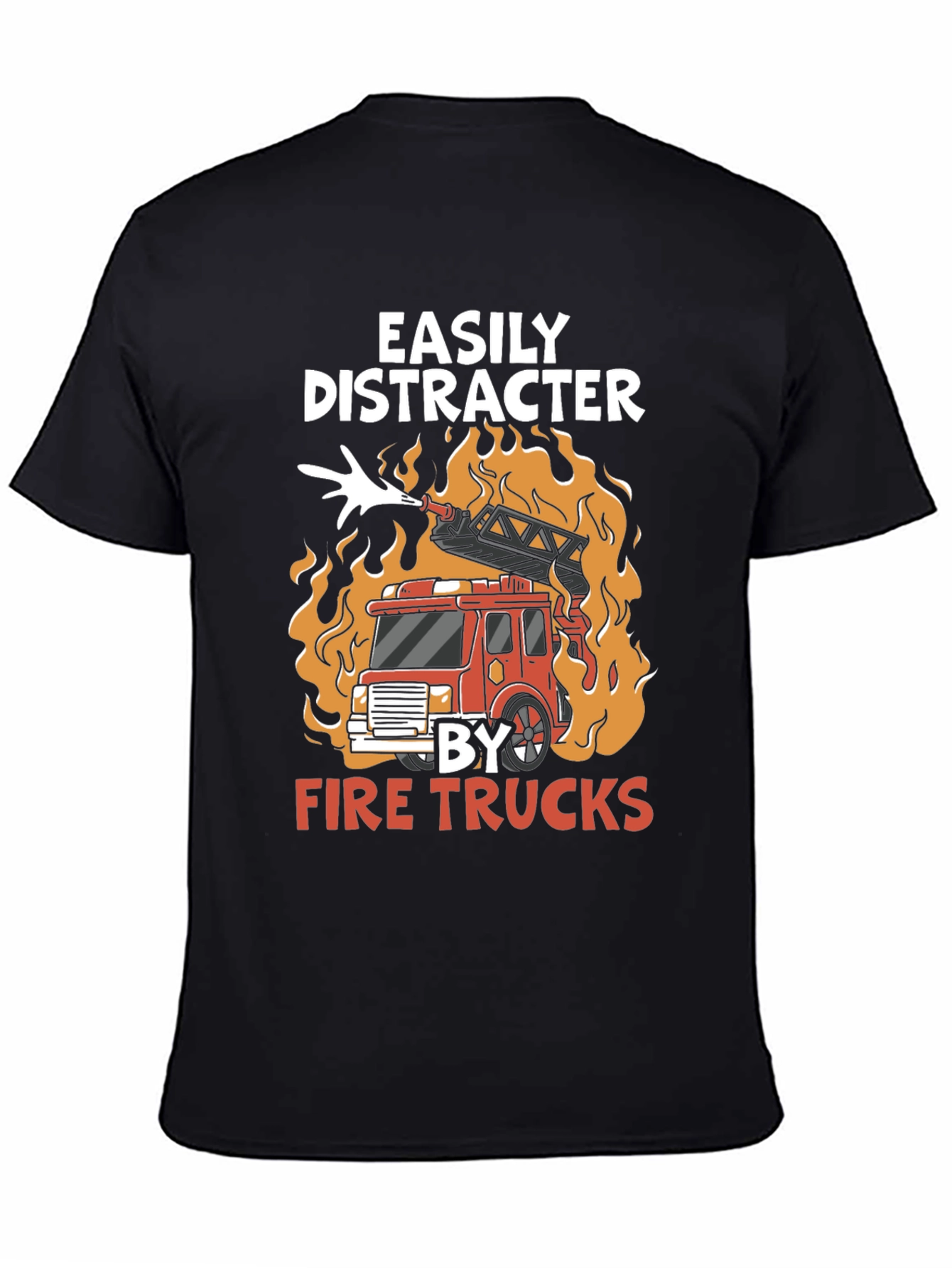 Black Easily Distracted By Fire Trucks T-Shirt view 4