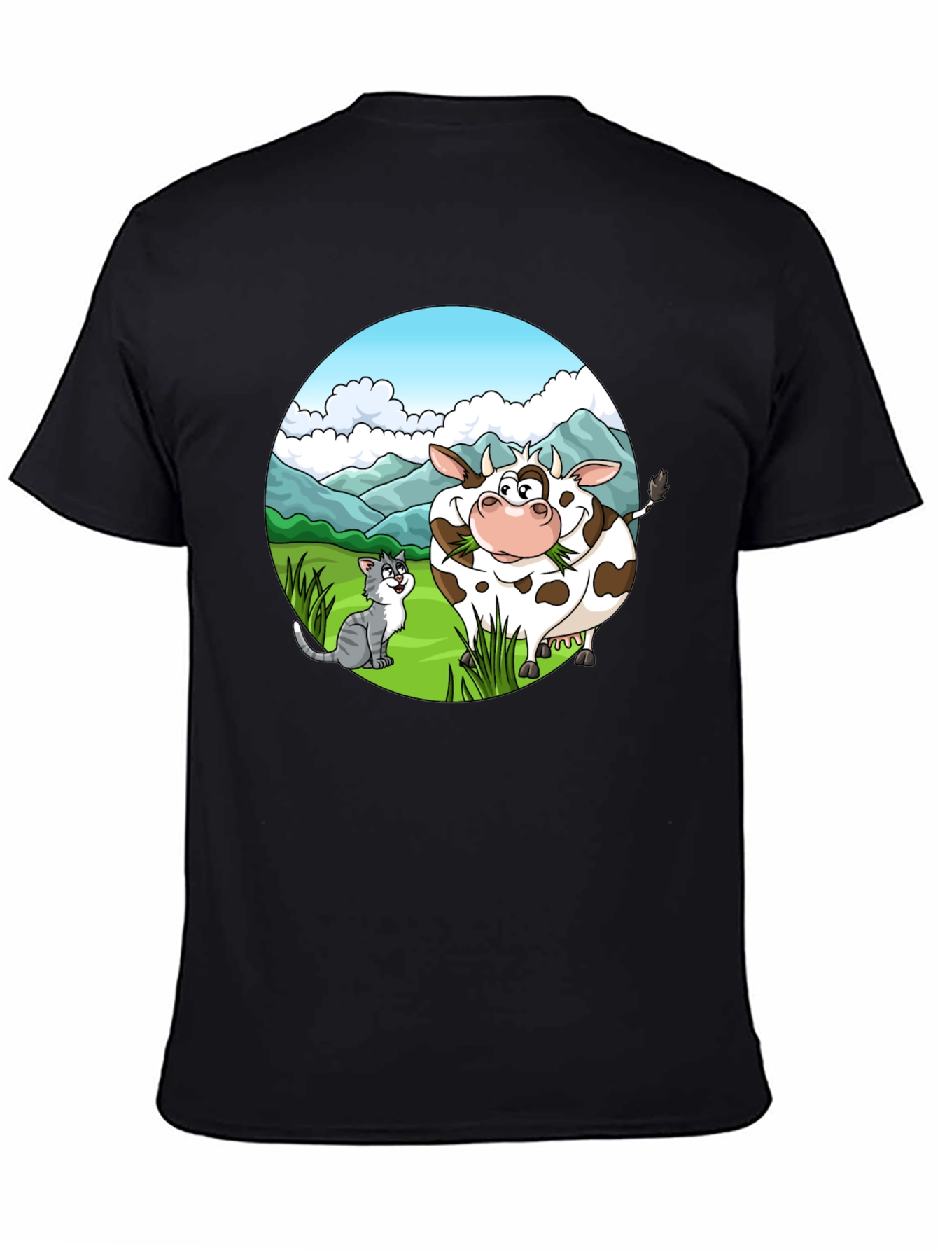 Black Cartoon Cow and Cat Graphic Black T-Shirt view 4