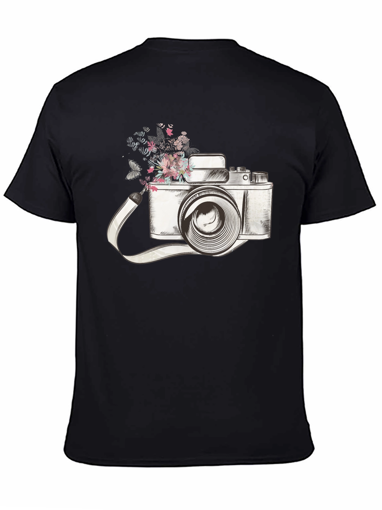 Black Floral Camera Graphic Tee - Trendy Unisex T-Shirt view 4