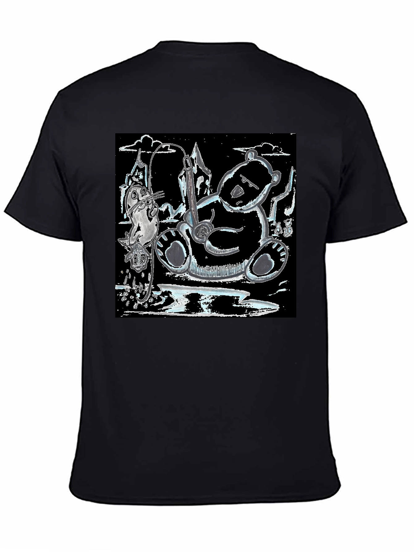 Black Unique Graphic Tee: Bear, Seal, and Musical Notes Art view 4