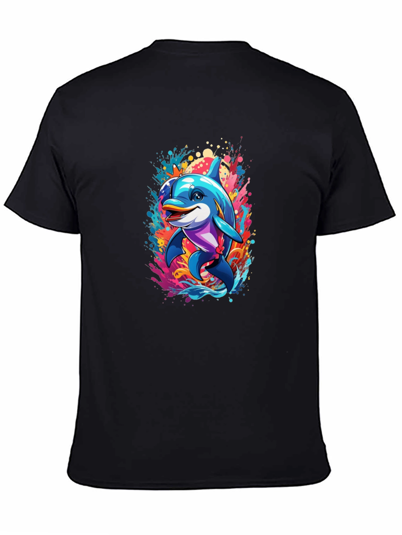 Black Dolphin Splash Black T-Shirt - Fun Graphic Tee view 4