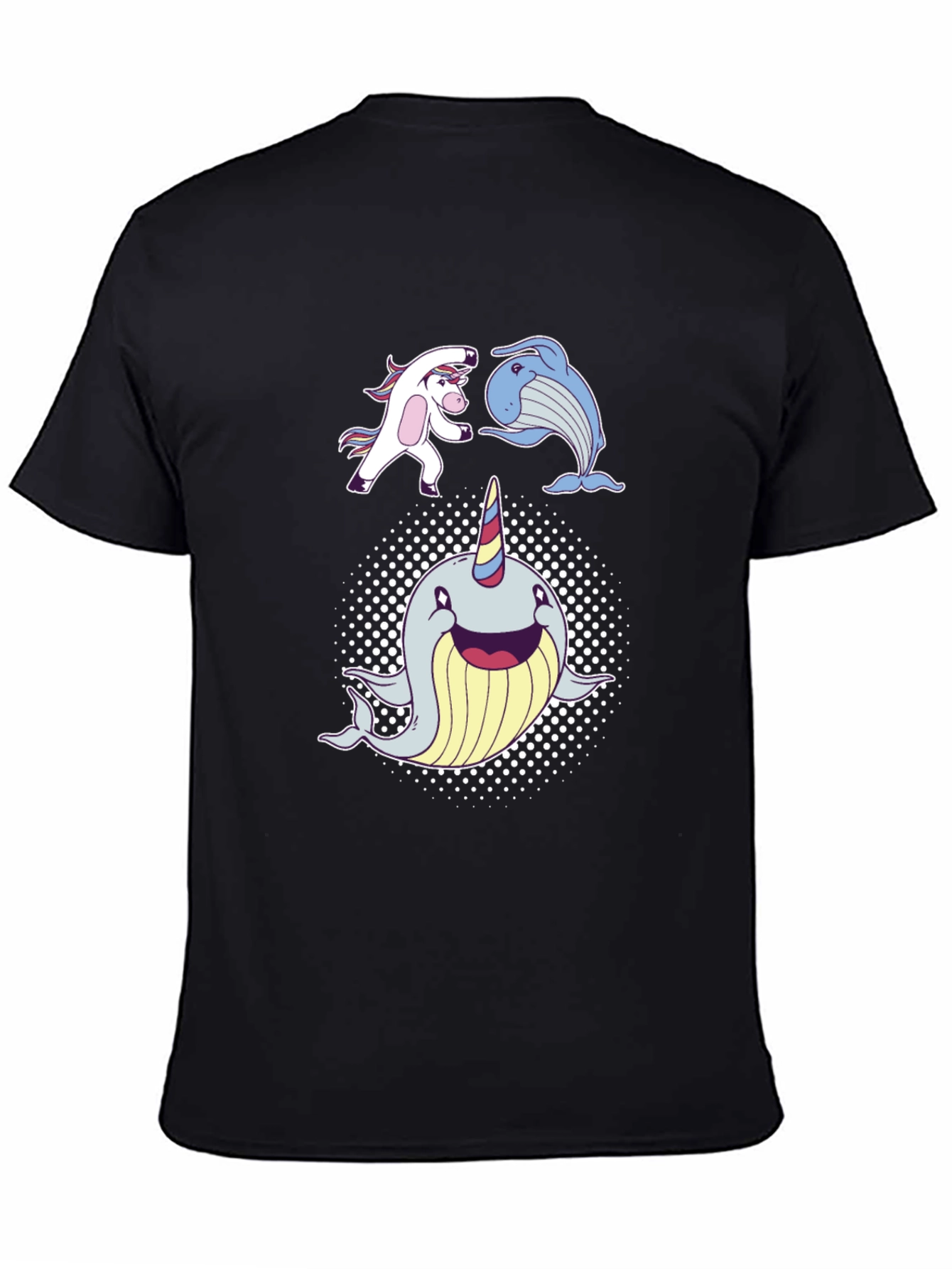 Black Whimsical Unicorn, Whale, Narwhal T-Shirt view 4