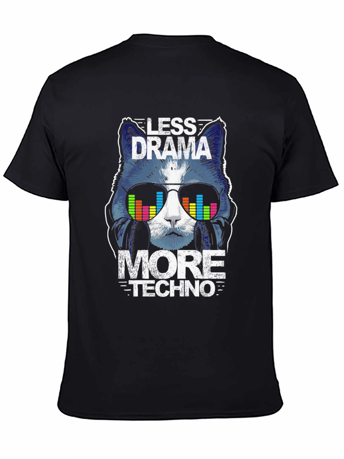 Black Less Drama More Techno Cat Graphic T-Shirt view 4