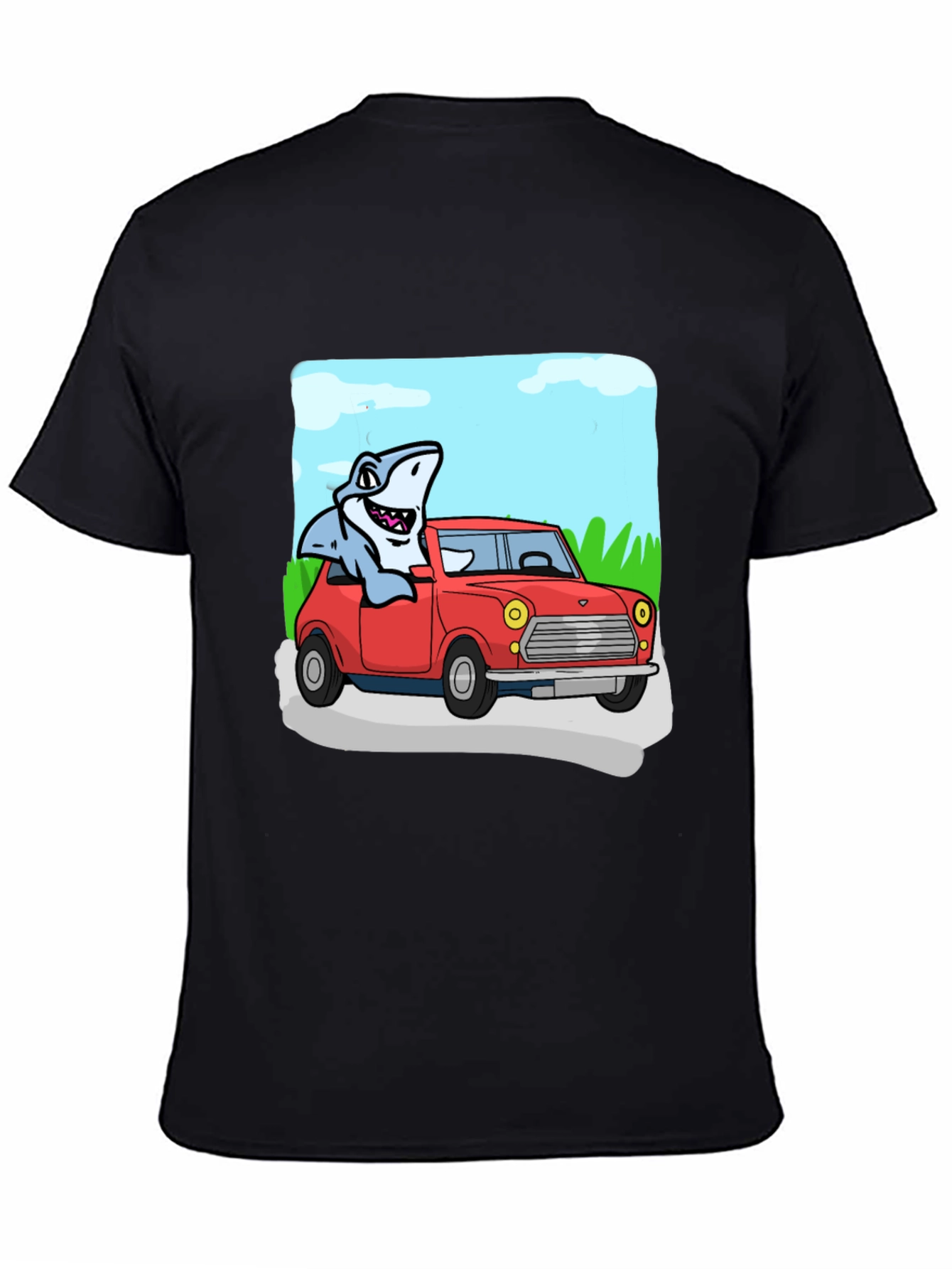 Black Shark in Car Graphic Tee - Unique Cartoon T-Shirt view 4