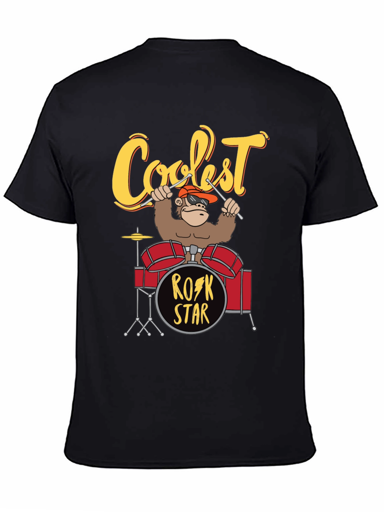 Black Coolest Rock Star Monkey Drummer T-Shirt view 4