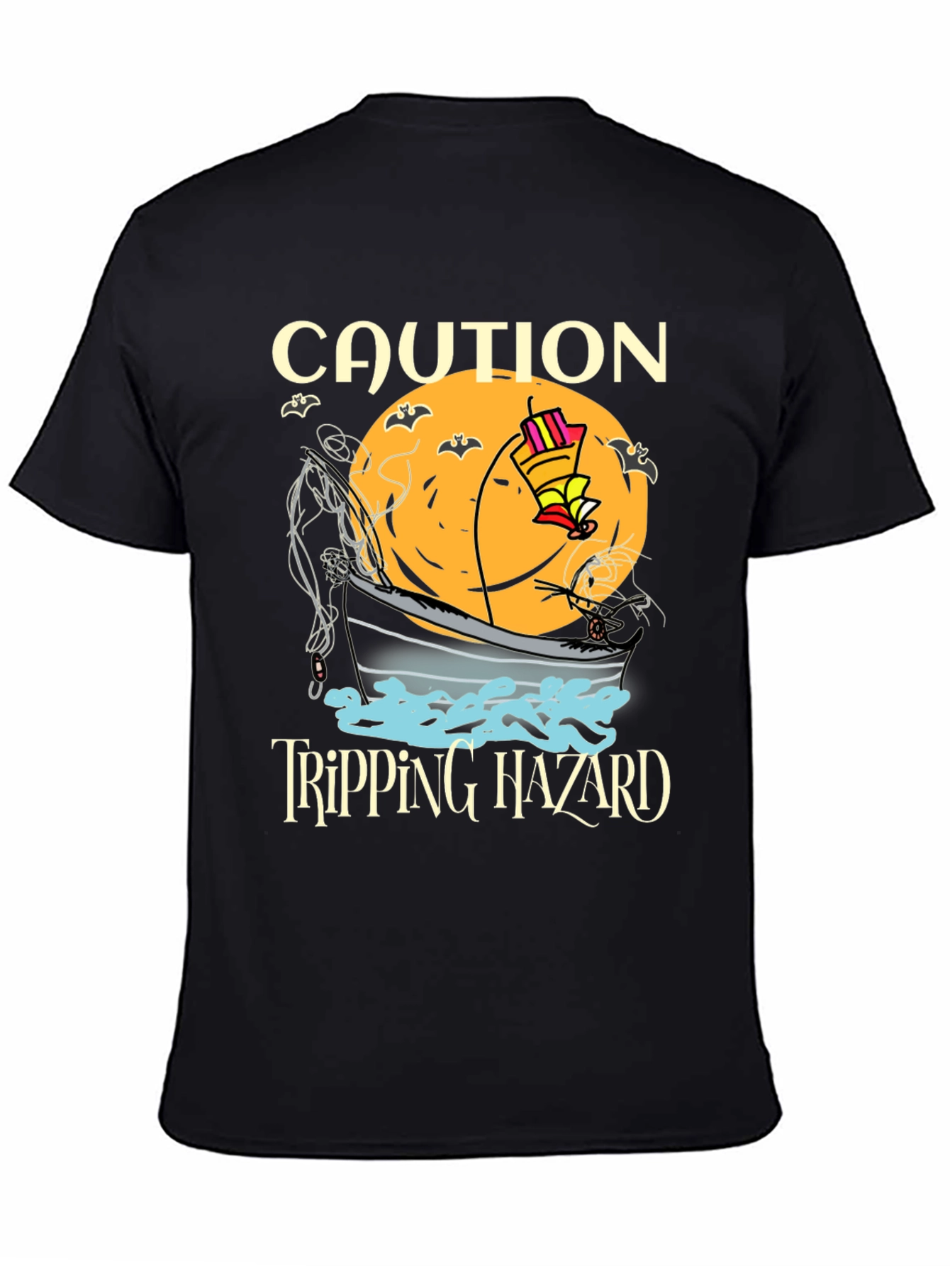 Black Caution Tripping Hazard Funny Halloween T-Shirt view 4