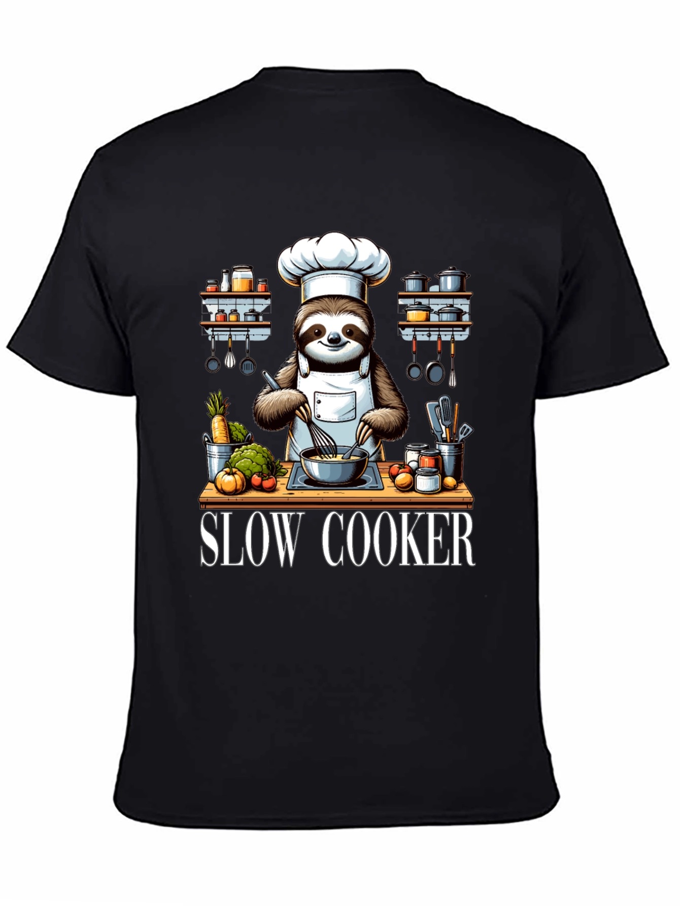 Black Sloth Chef T-Shirt - Slow Cooker Design view 4