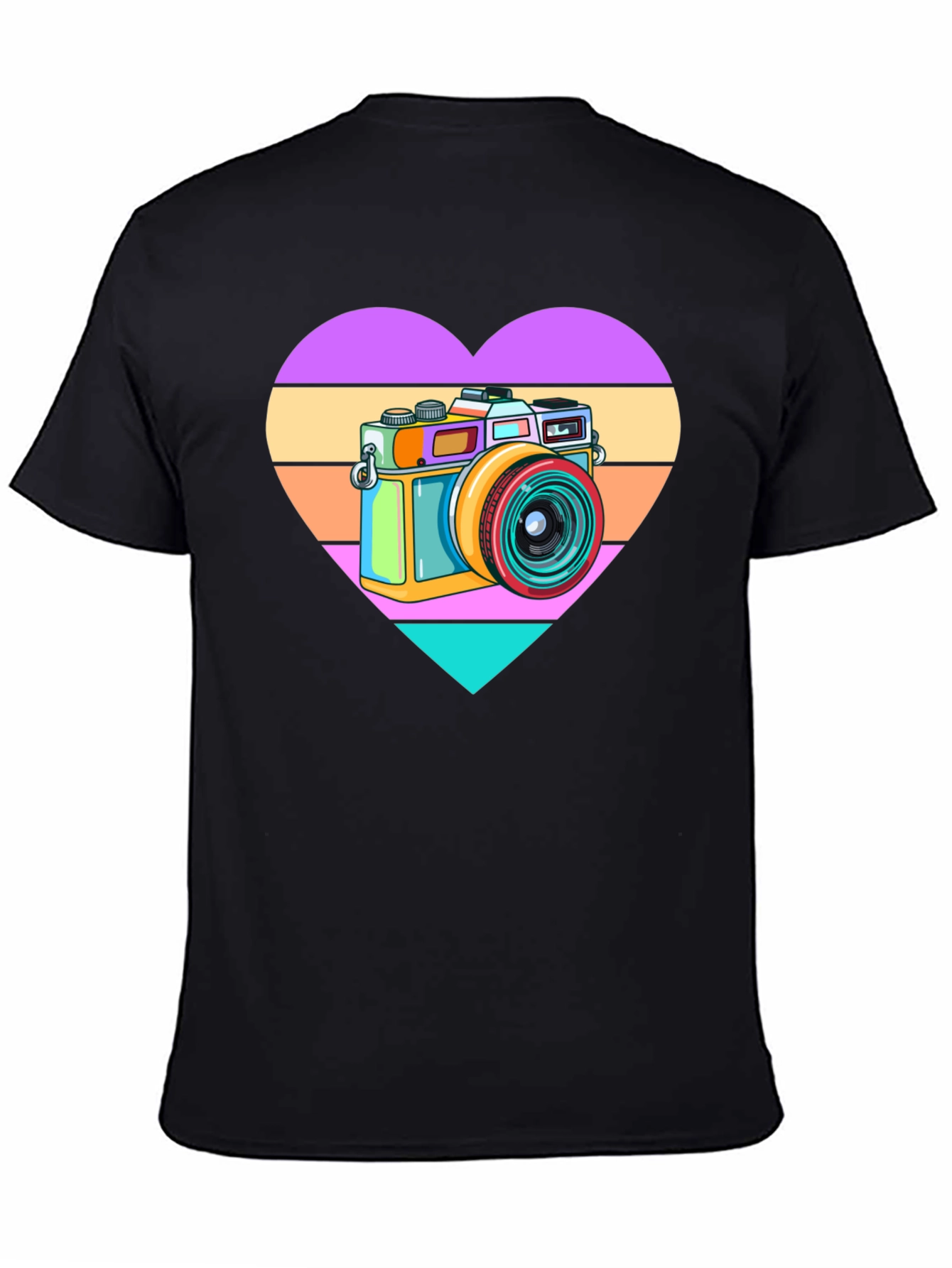 Black Retro Camera Heart Graphic Tee - Black Cotton T-Shirt view 4