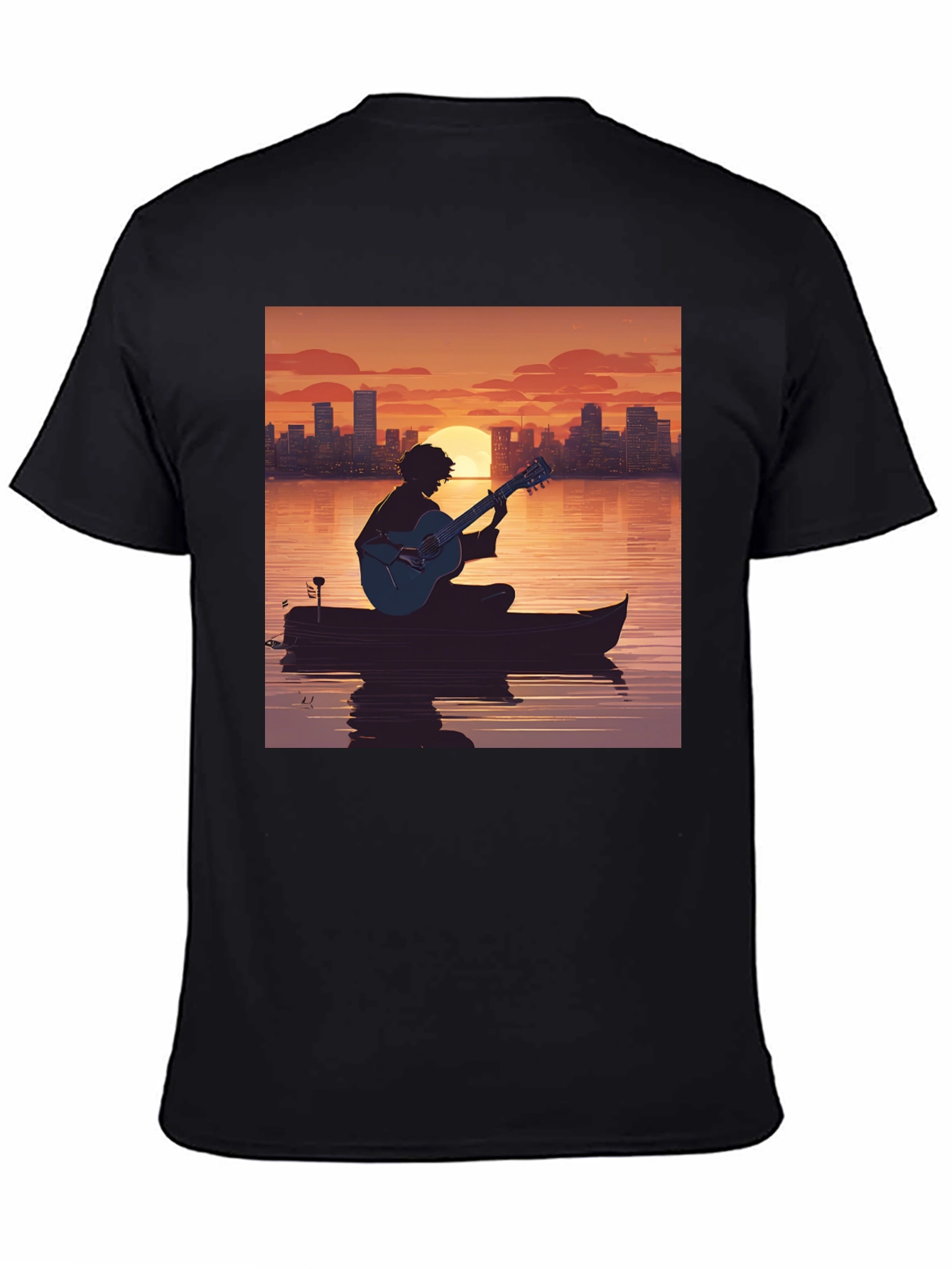 Black Sunset Guitarist T-Shirt - City Skyline Silhouette view 4