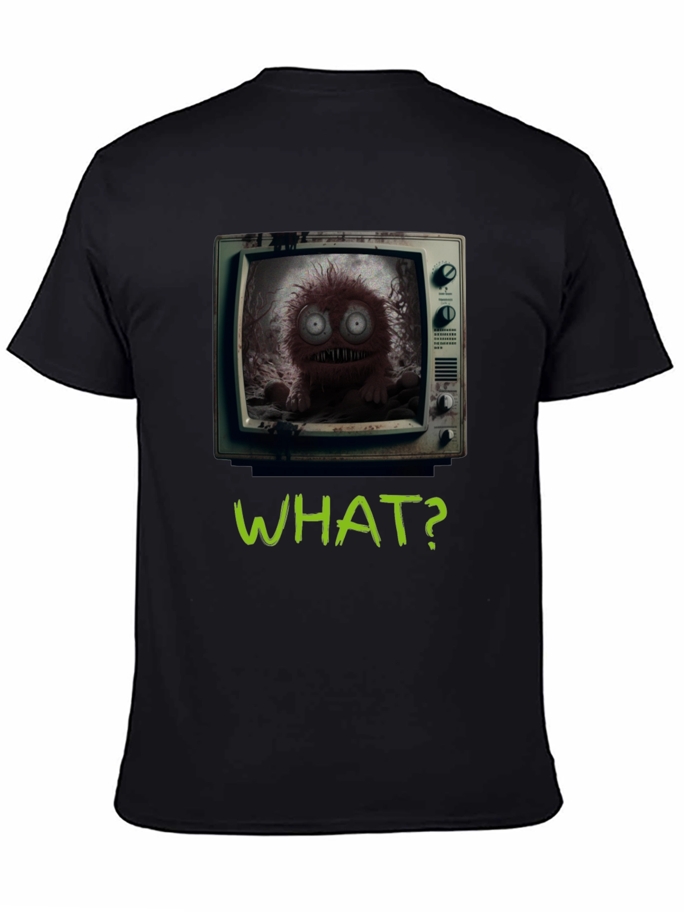 Black What? Monster TV Graphic Tee - Creepy Novelty T-Shirt view 4