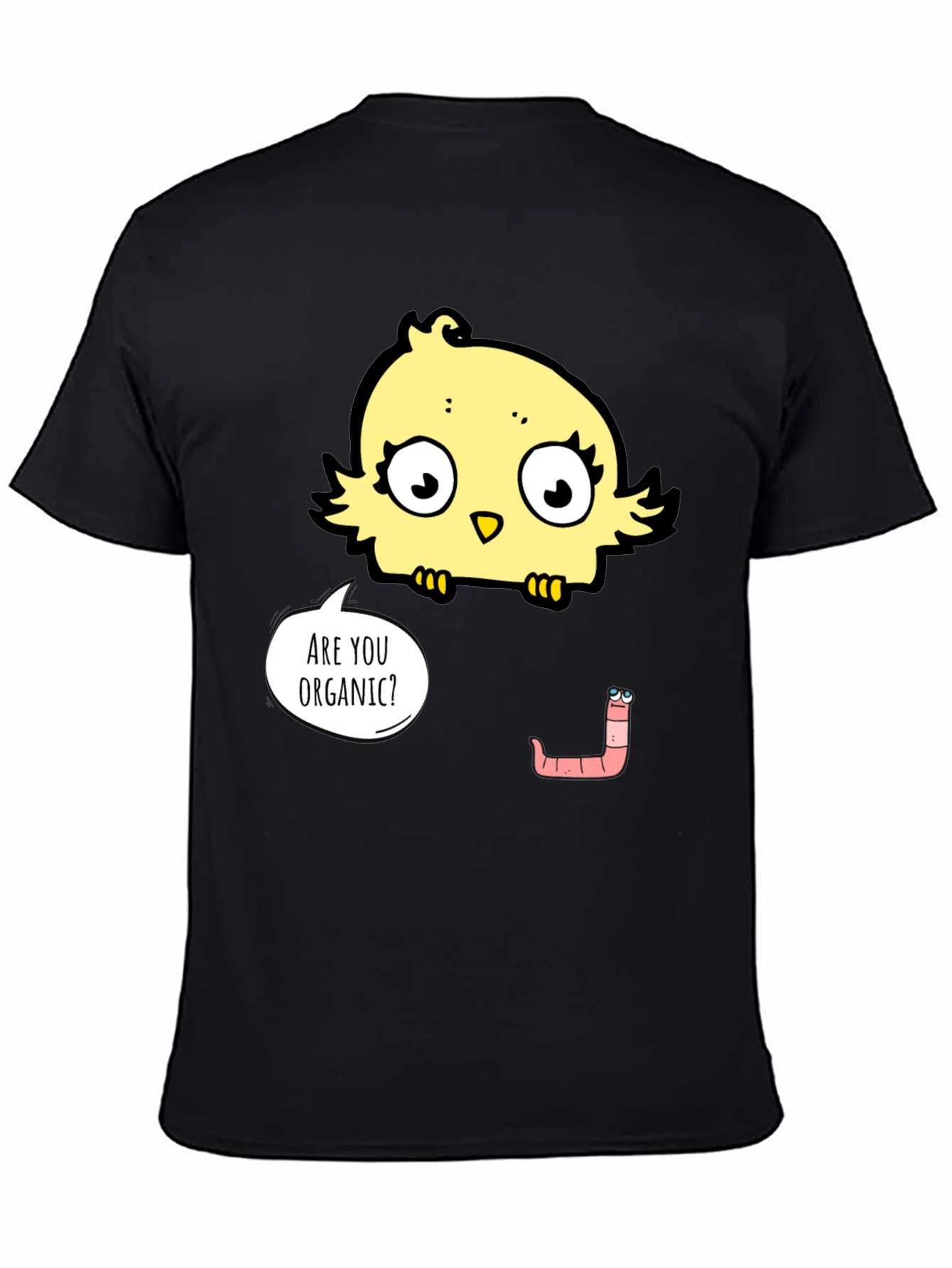 Black Organic Humor T-Shirt: Funny Chick & Worm Tee view 4